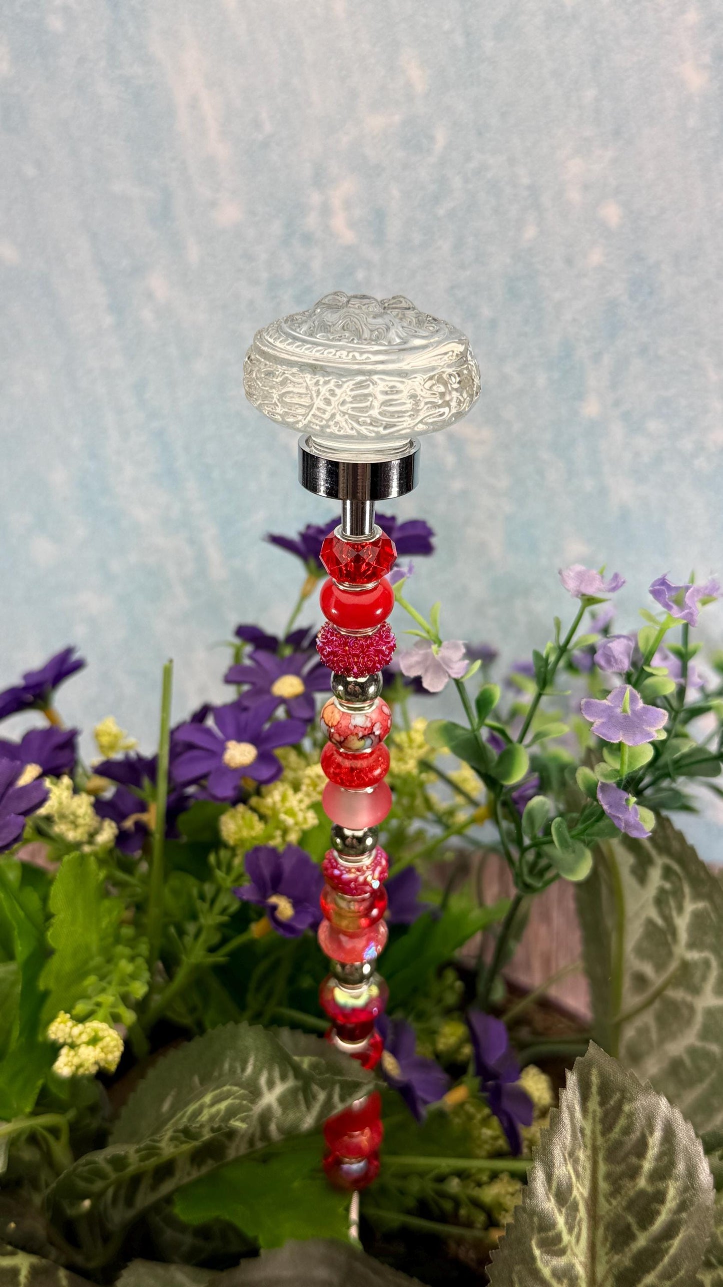 Fairy Garden Suncatcher Stakes – 15” Beaded Plant Decor with Clear Glass Saucer Topper