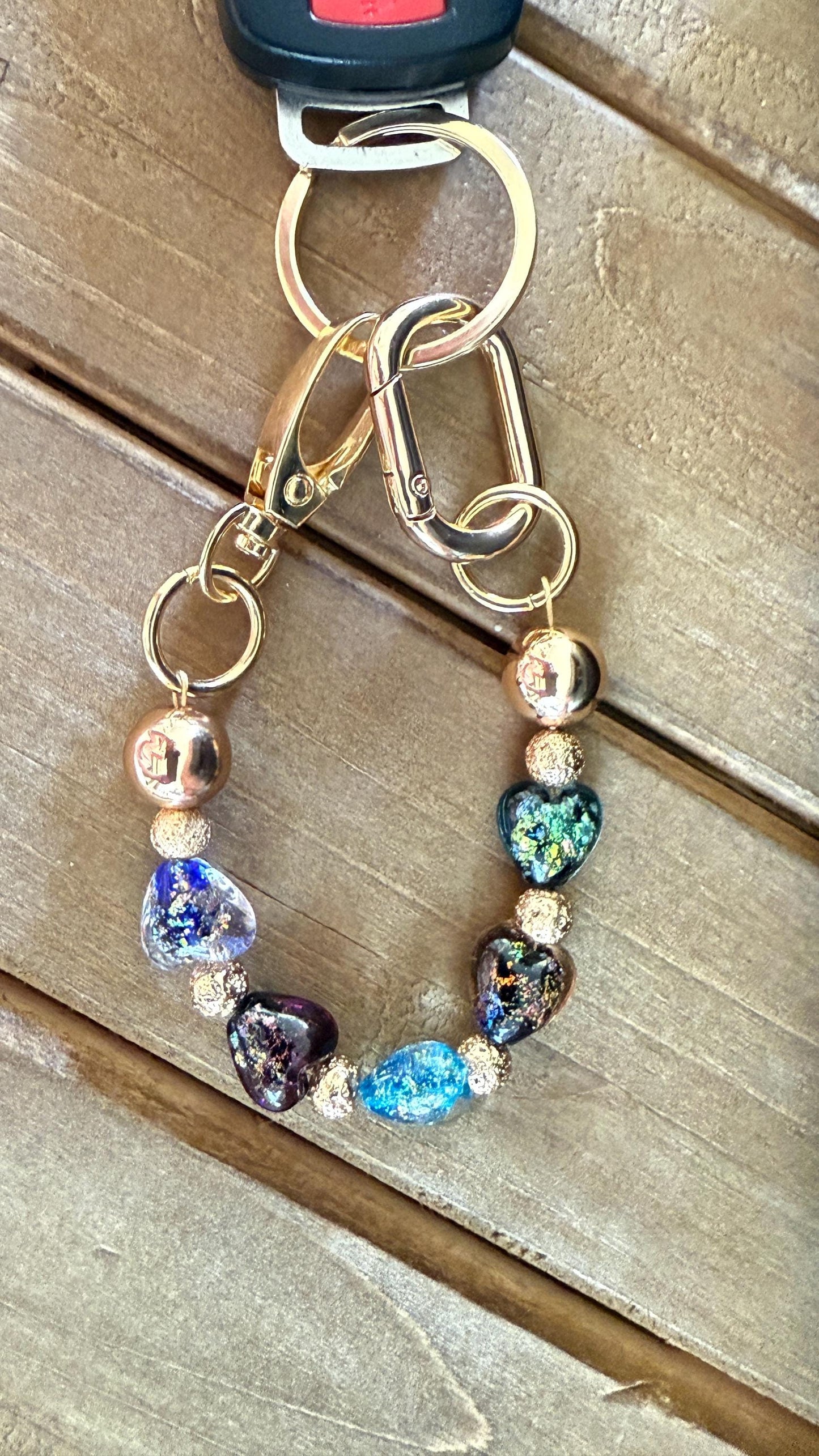 Dragonfly Keyfob Purse Clip | Glass Heart Beads with Gold or Silver Hardware | Convertible Wristlet & Purse Décor