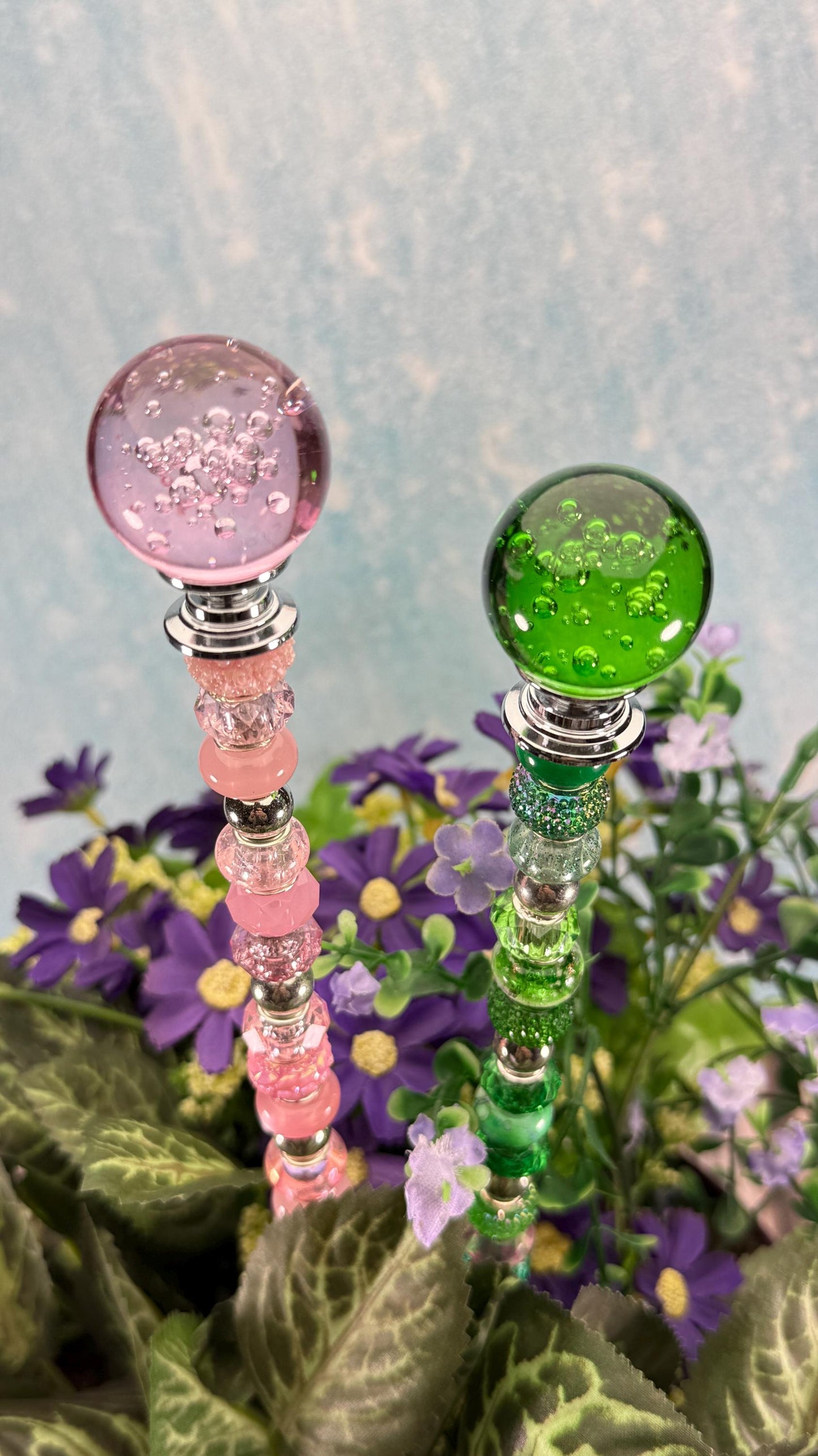 Wicked collection Fairy Garden Suncatcher Stakes – 15” Beaded Plant Decor with Glass Topper