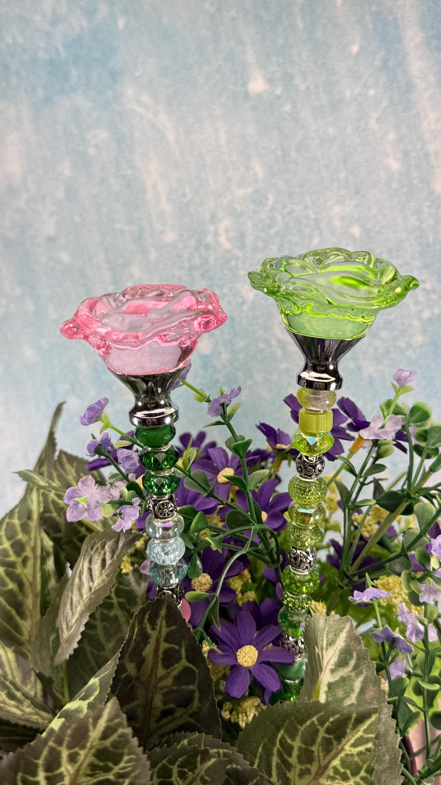Wicked collection Fairy Garden Suncatcher Stakes – 15” Beaded Plant Decor with Glass Topper