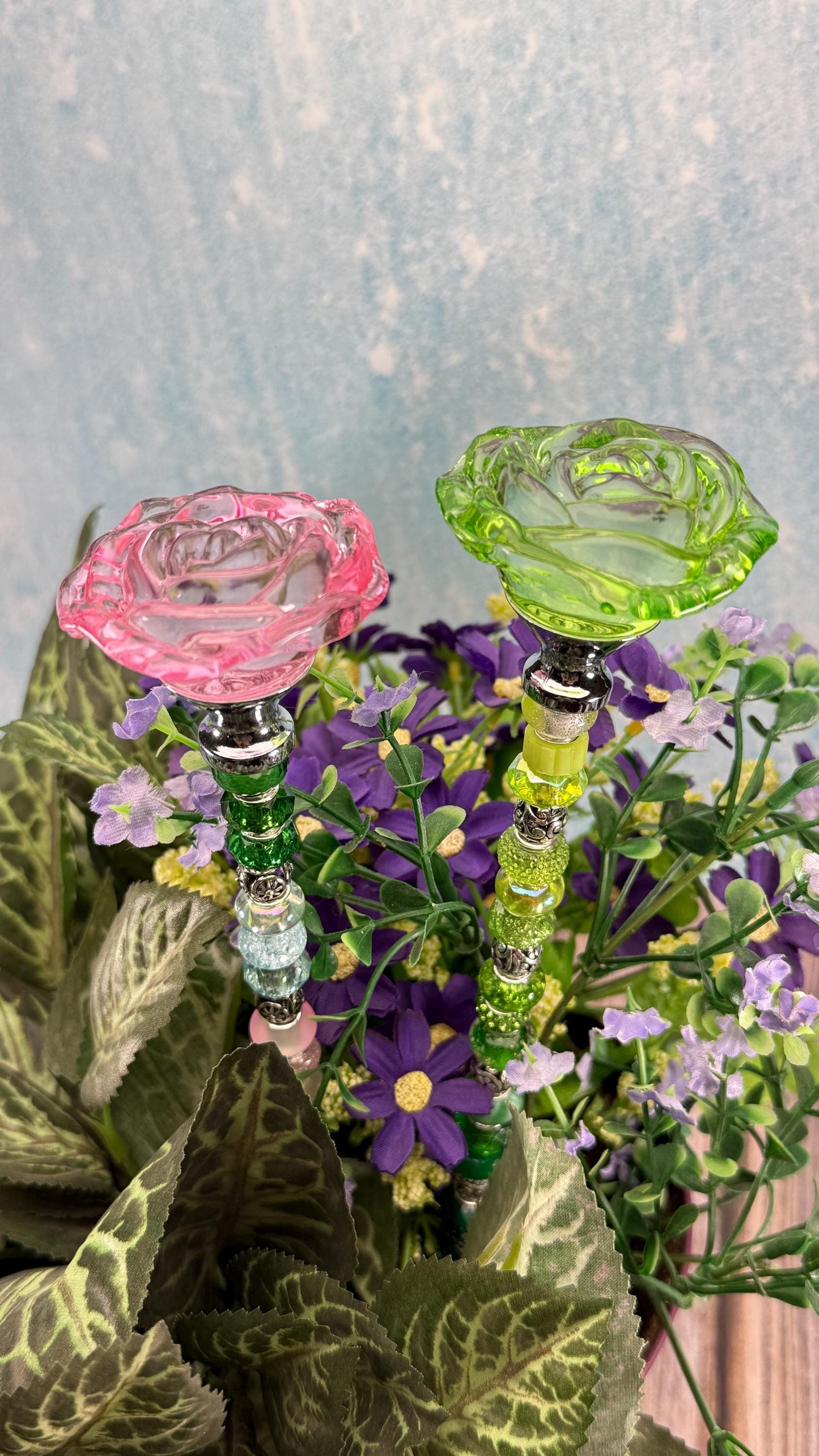 Wicked collection Fairy Garden Suncatcher Stakes – 15” Beaded Plant Decor with Glass Topper