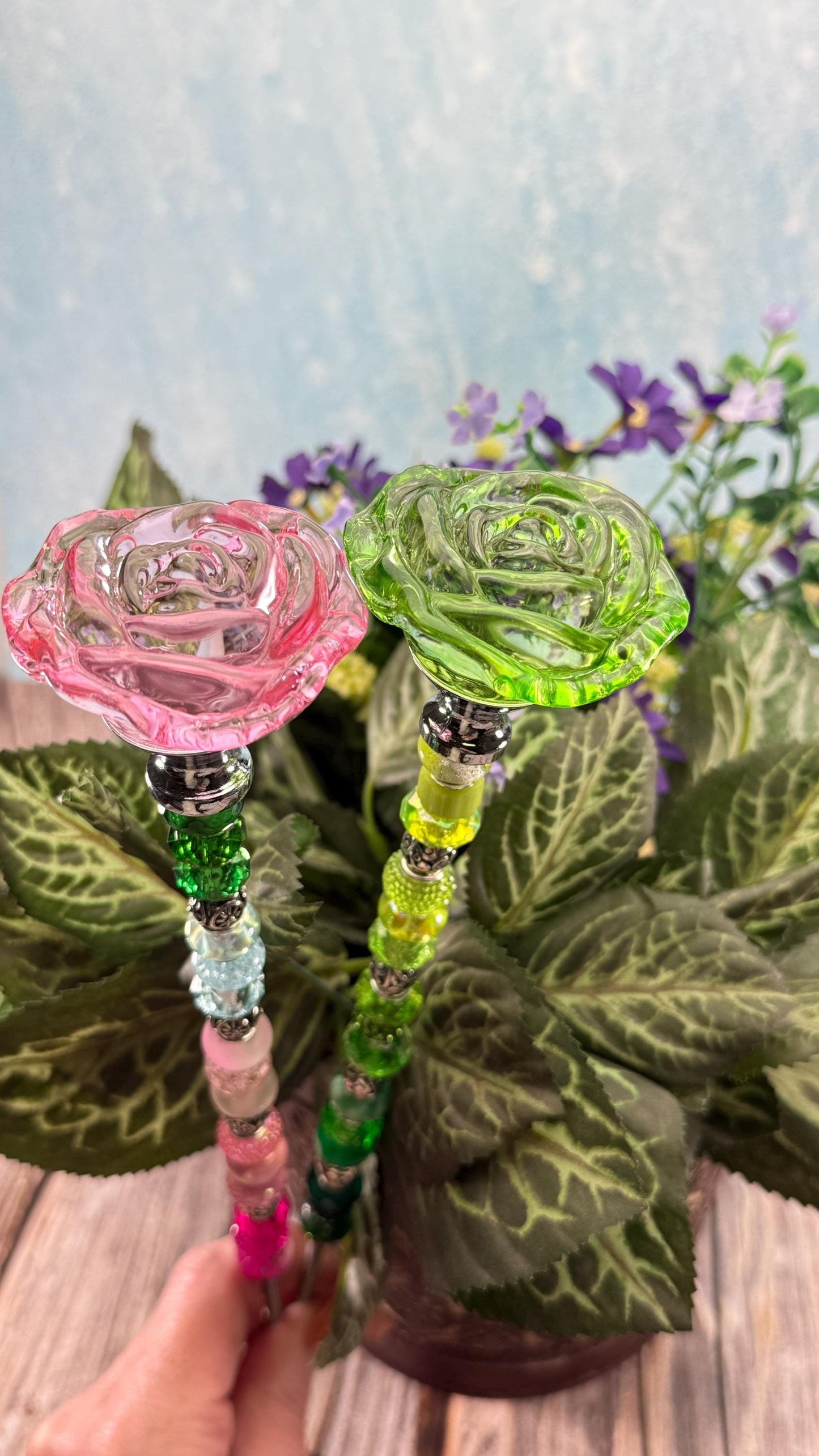 Wicked collection Fairy Garden Suncatcher Stakes – 15” Beaded Plant Decor with Glass Topper