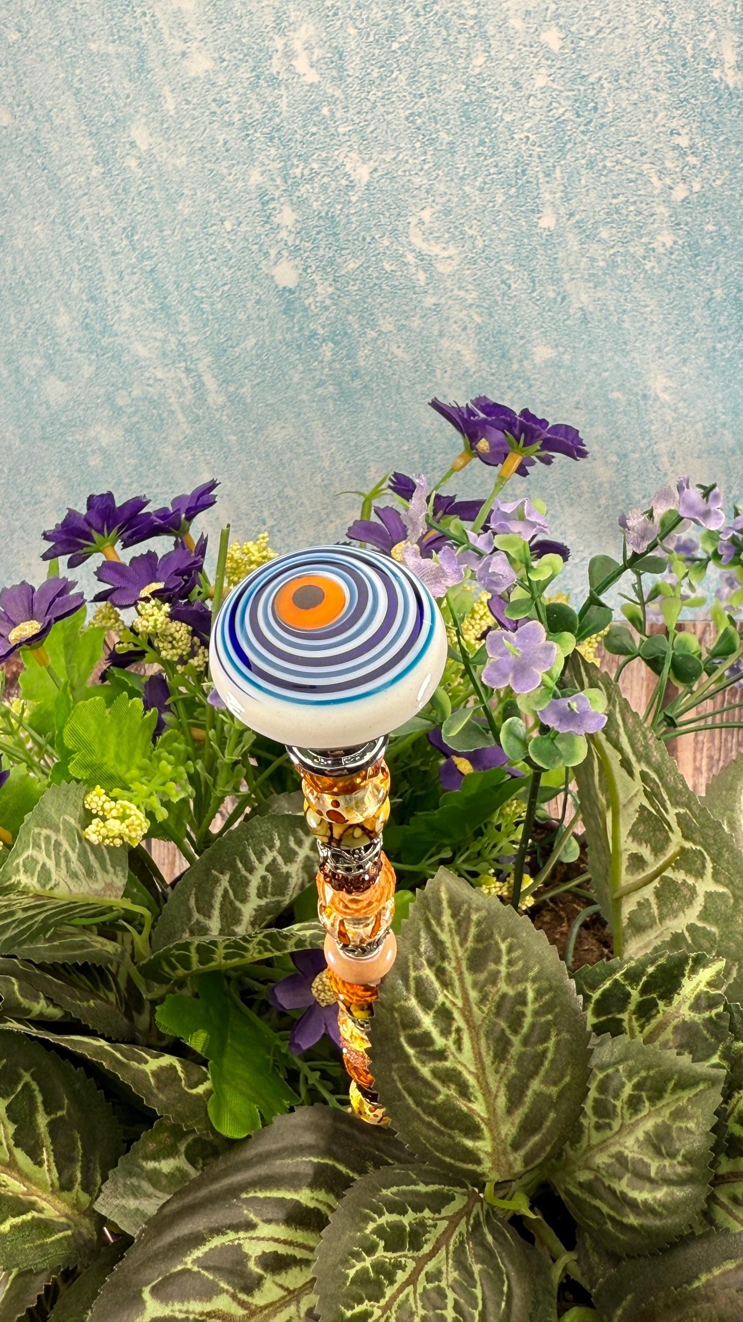 Murano-Style Glass Garden Stake – Millefiori-Inspired Beaded Plant Decor | Sparkling Garden Art | Whimsical Handmade Gift for Gardeners