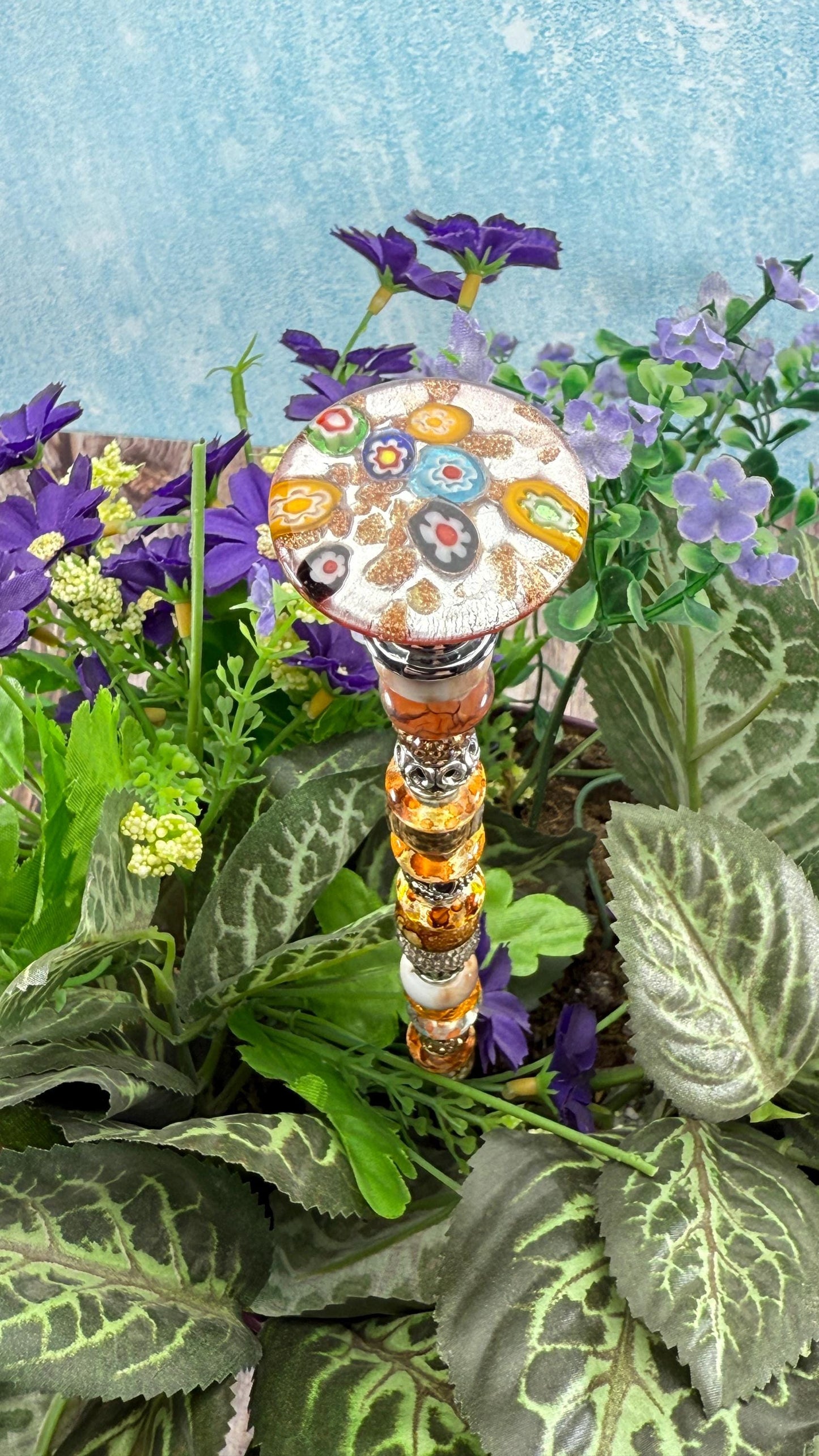 Murano-Style Glass Garden Stake – Millefiori-Inspired Beaded Plant Decor | Sparkling Garden Art | Whimsical Handmade Gift for Gardeners
