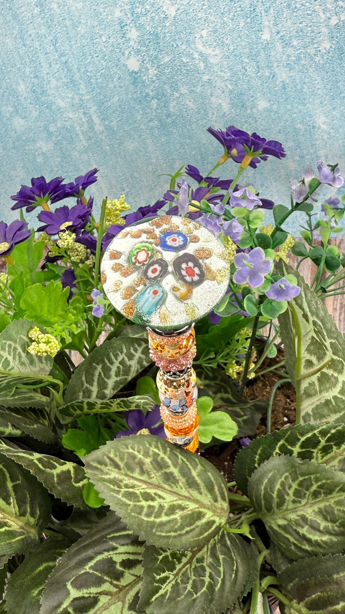 Murano-Style Glass Garden Stake – Millefiori-Inspired Beaded Plant Decor | Sparkling Garden Art | Whimsical Handmade Gift for Gardeners