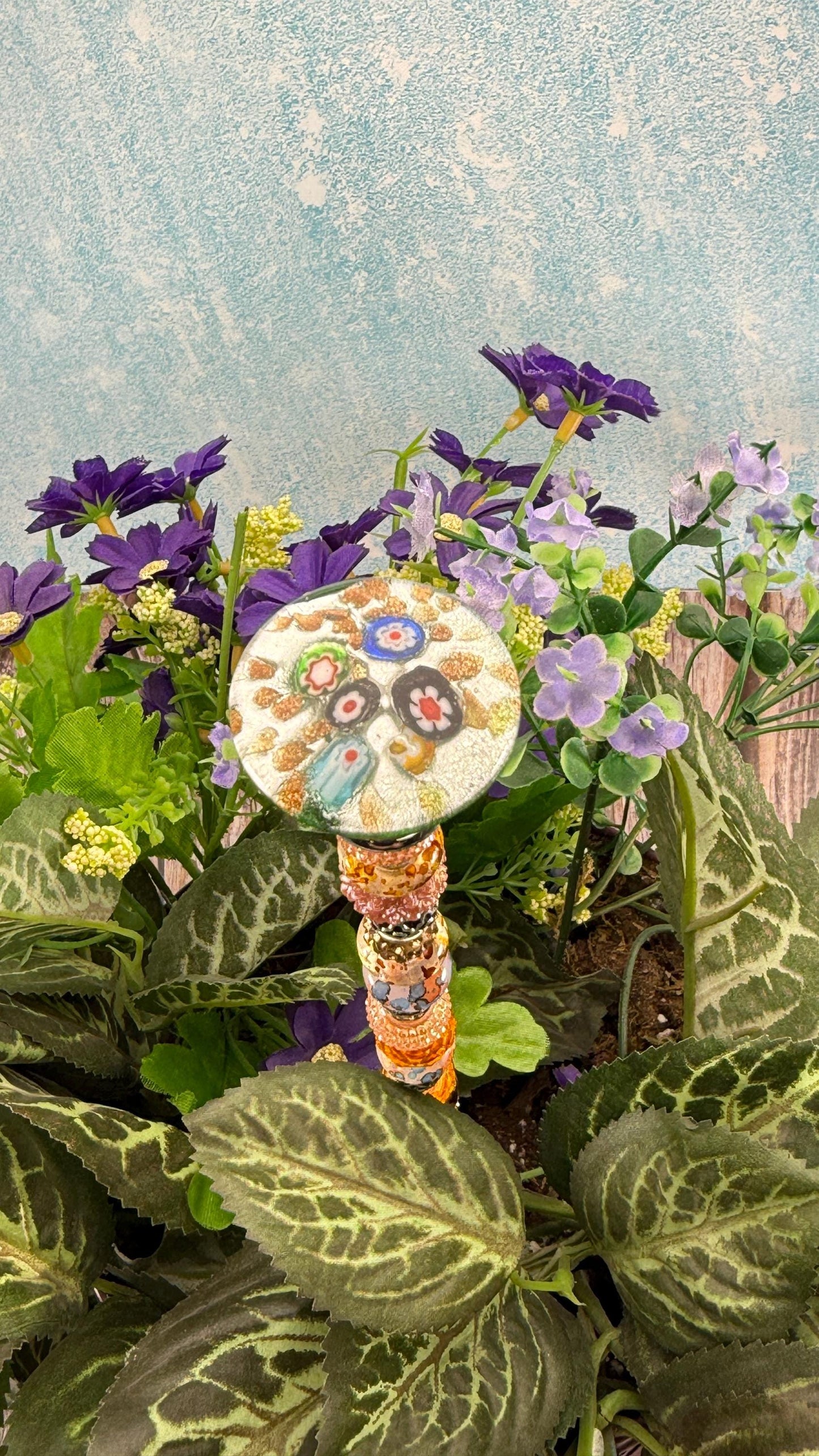 Murano-Style Glass Garden Stake – Millefiori-Inspired Beaded Plant Decor | Sparkling Garden Art | Whimsical Handmade Gift for Gardeners