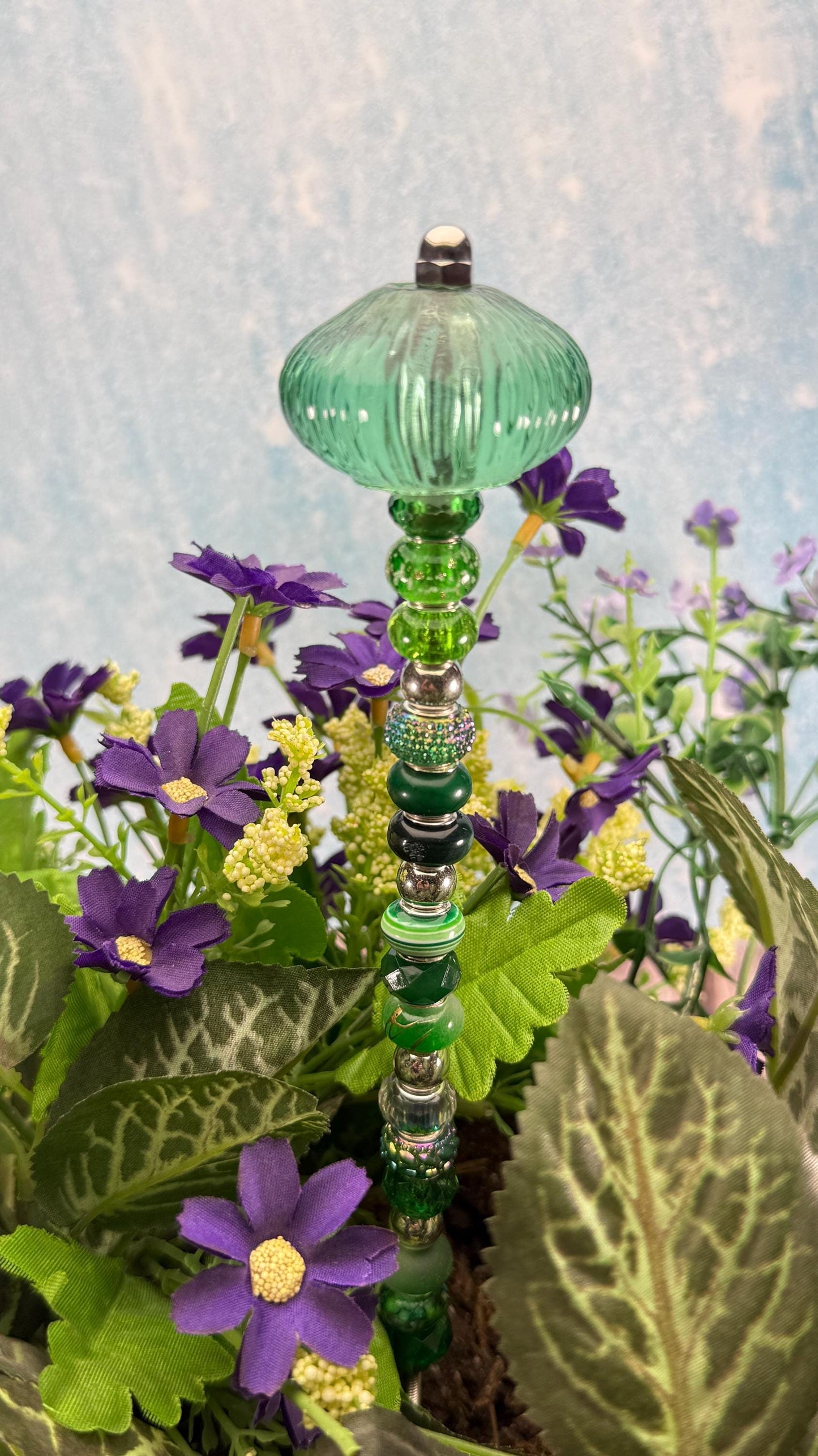 Whimsical Glass Garden Stakes – Beaded Garden Decor | Glass Topper Plant Stakes | Unique Garden Gift | Dragonfly Custom Accessories