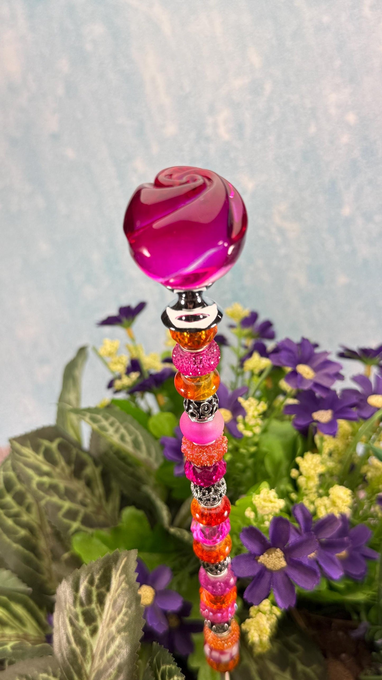 Whimsical Glass Garden Stakes – Beaded Garden Decor | Glass Topper Plant Stakes | Unique Garden Gift | Dragonfly Custom Accessories