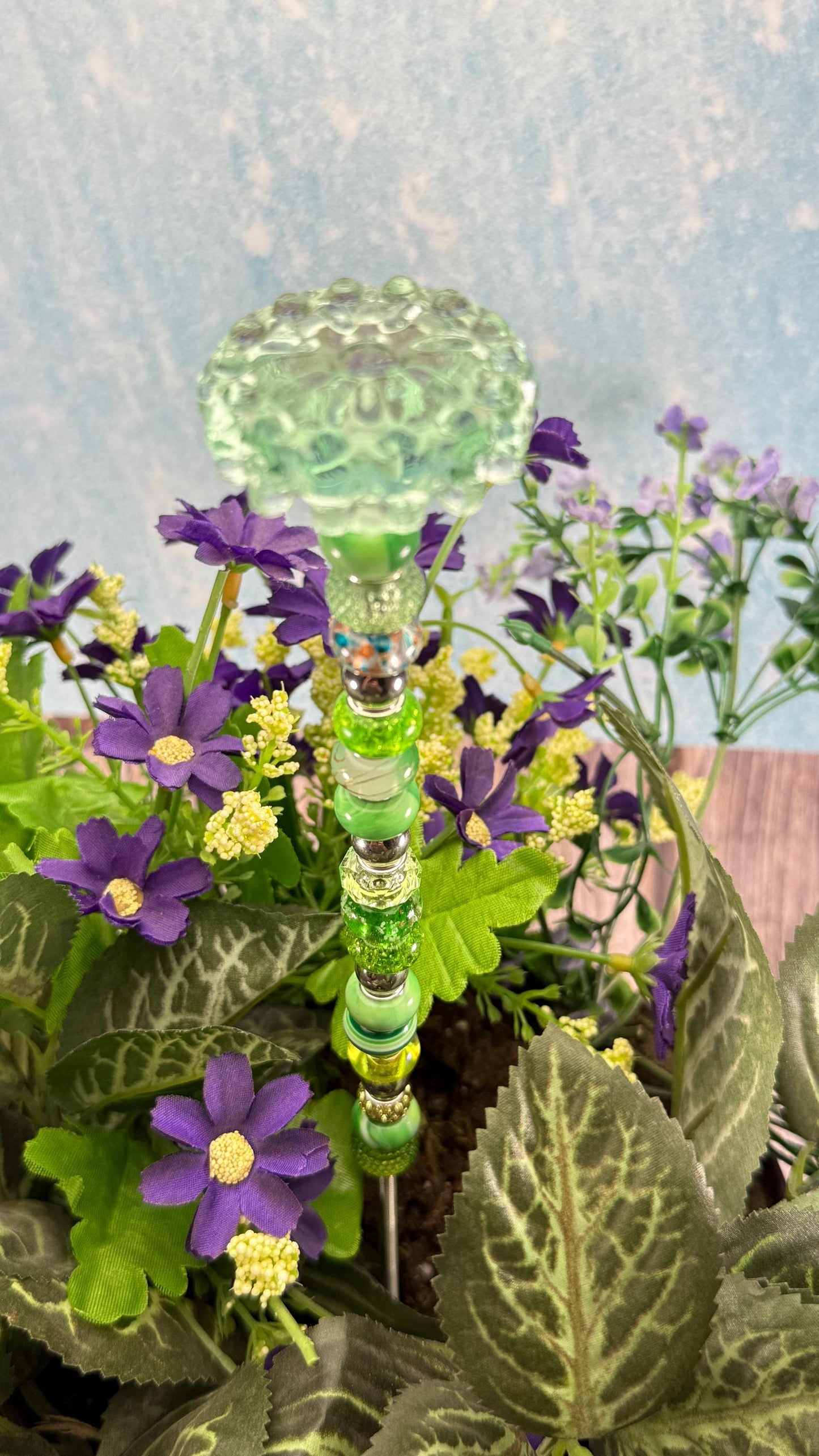 Whimsical Glass Garden Stakes – Beaded Garden Decor | Glass Topper Plant Stakes | Unique Garden Gift | Dragonfly Custom Accessories