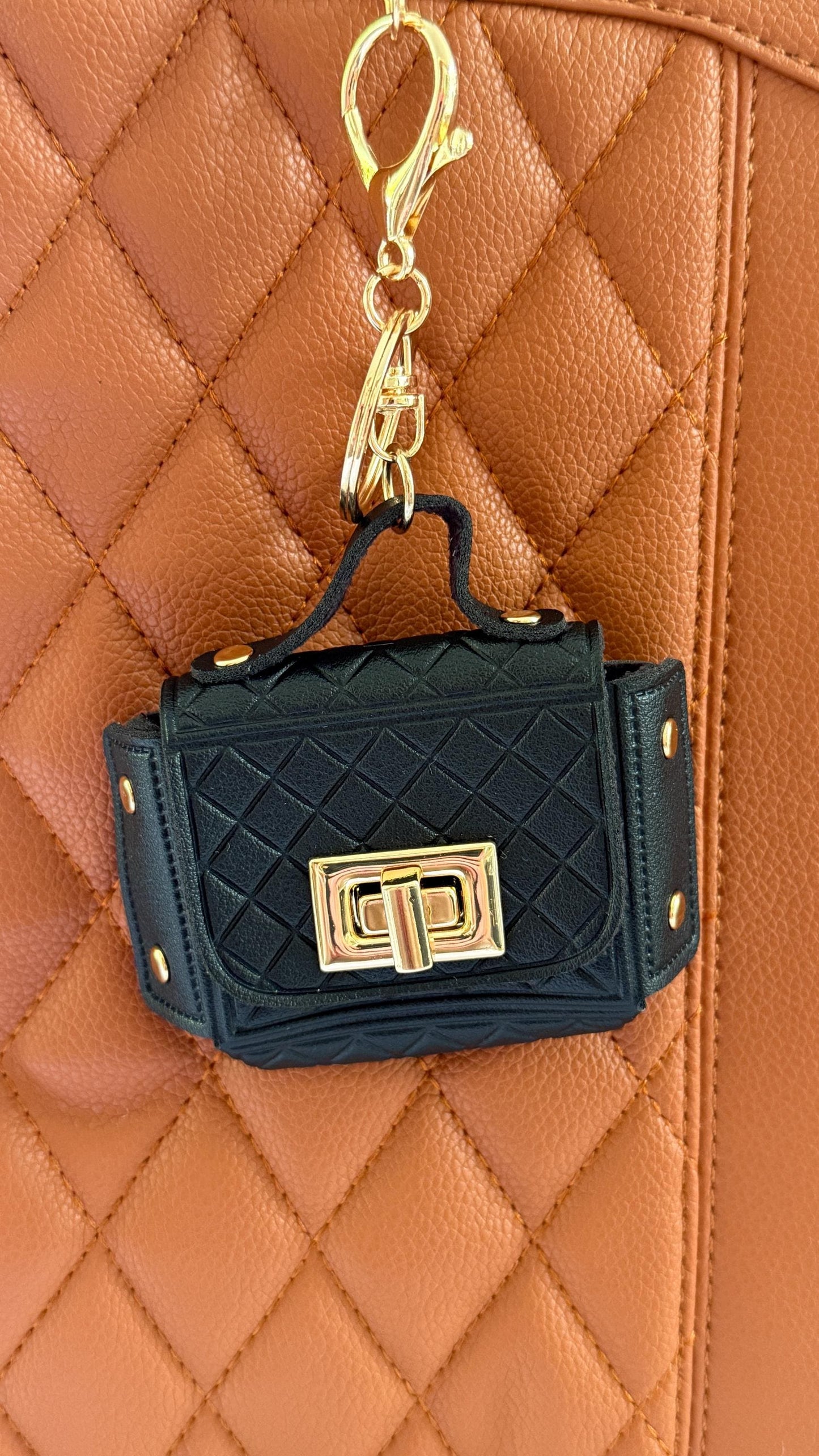 Mini Purse Charm – Quilted Vegan Leather Bag Keychain | 3" Faux Leather Purse Accessory for AirPods, Lip Balm or other Essentials