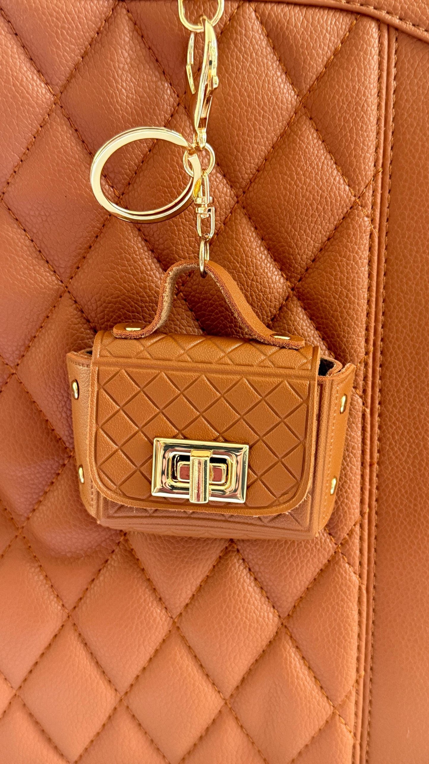 Mini Purse Charm – Quilted Vegan Leather Bag Keychain | 3" Faux Leather Purse Accessory for AirPods, Lip Balm or other Essentials