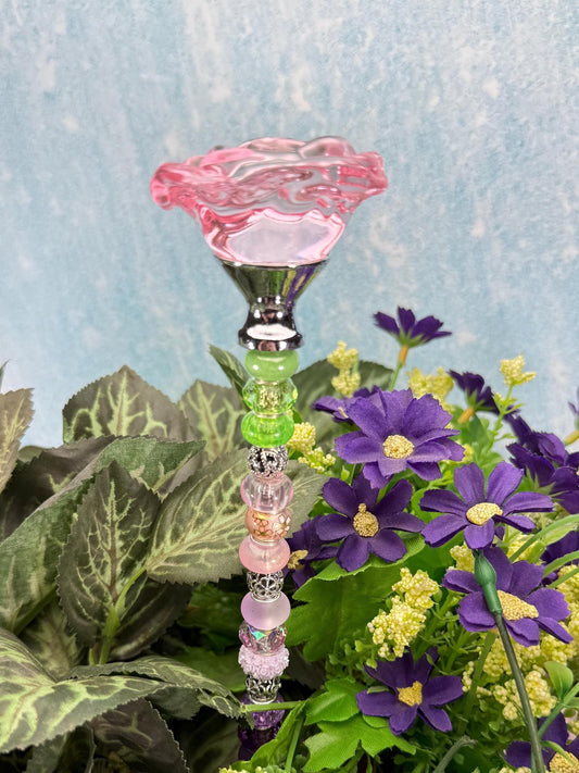 Glass Rose Garden Stake – Hand-Beaded Plant Art, Cottage Decor