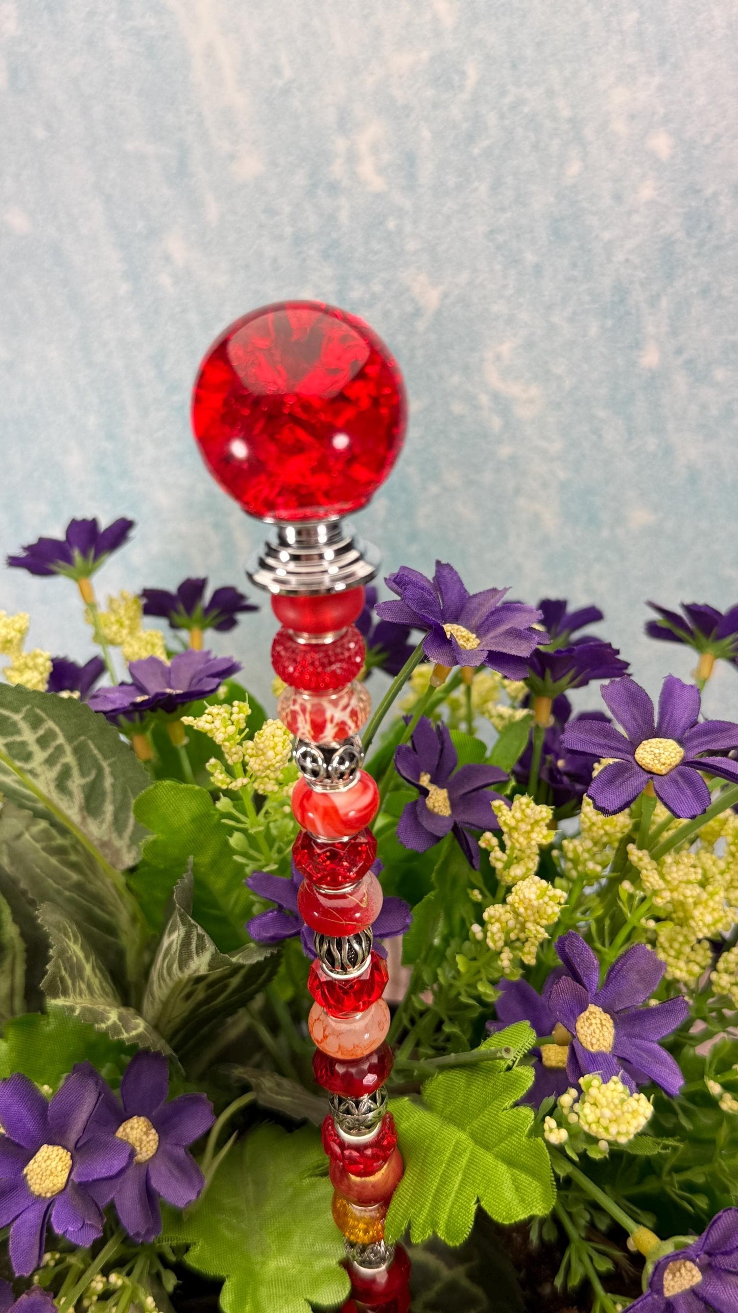 Fairy Garden Suncatcher Stakes – 15” Beaded Plant Decor with Crackle Glass Ball Topper