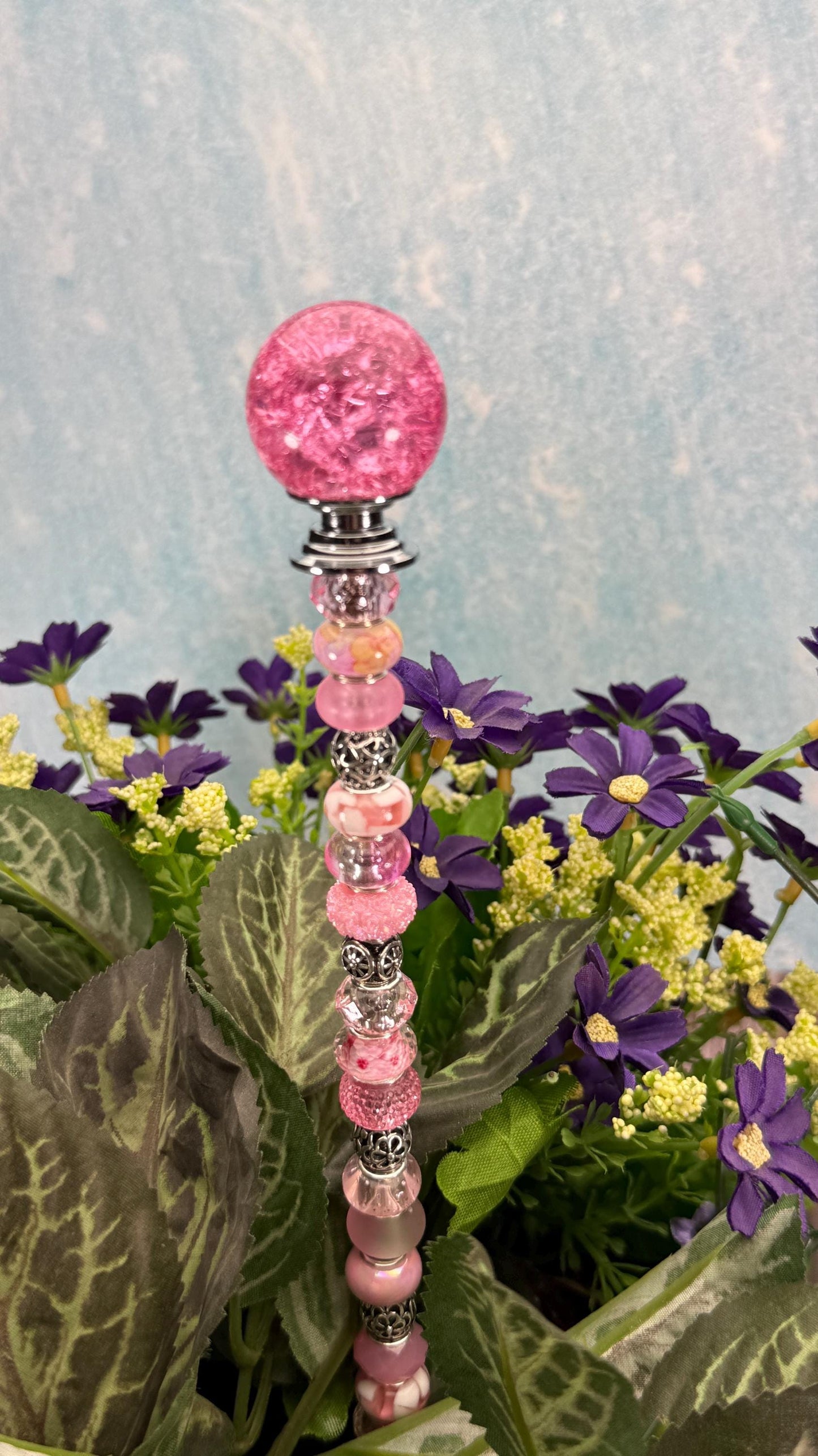 Fairy Garden Suncatcher Stakes – 15” Beaded Plant Decor with Crackle Glass Ball Topper