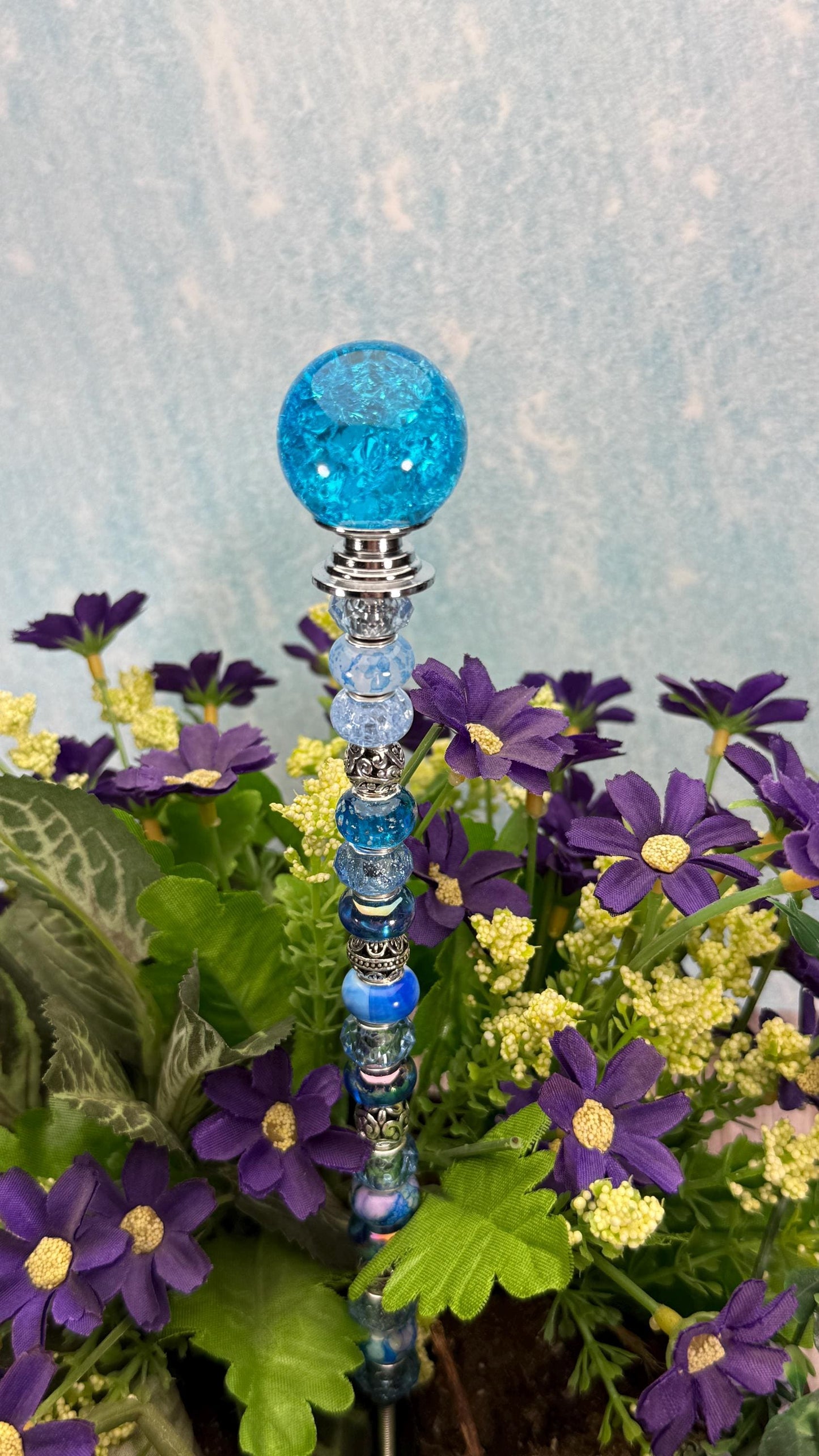 Fairy Garden Suncatcher Stakes – 15” Beaded Plant Decor with Crackle Glass Ball Topper