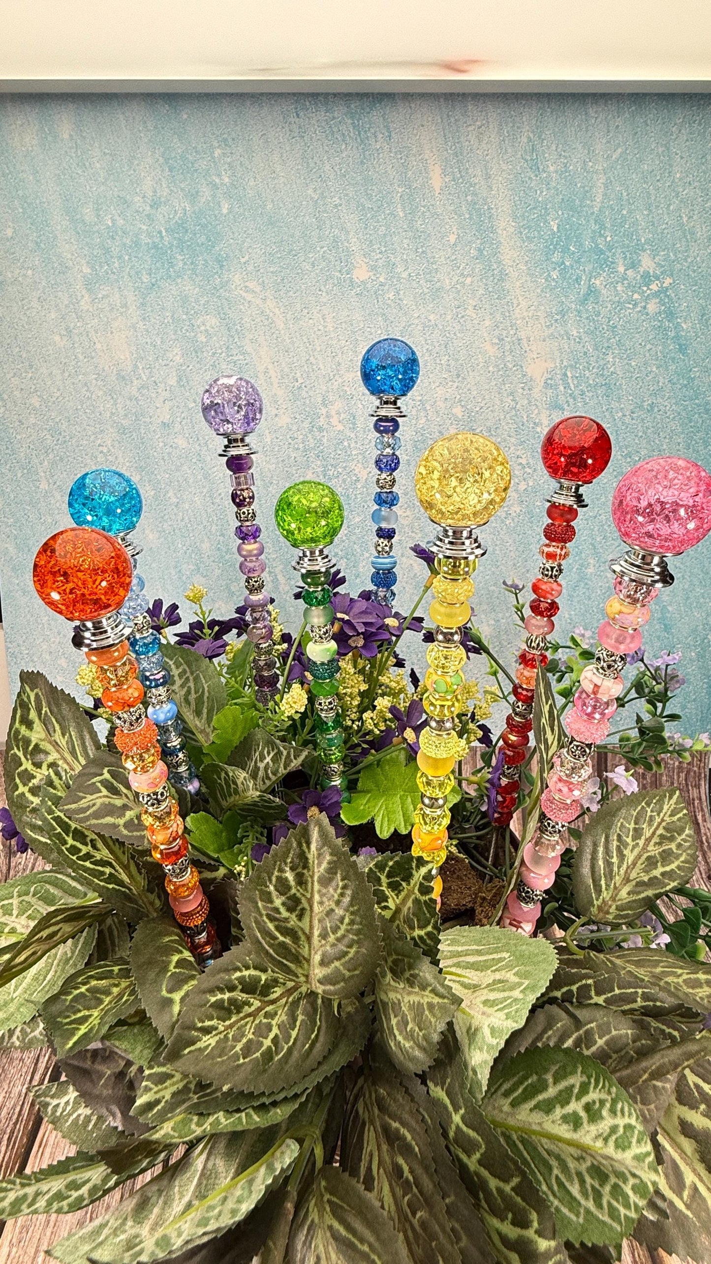 Fairy Garden Suncatcher Stakes – 15” Beaded Plant Decor with Crackle Glass Ball Topper