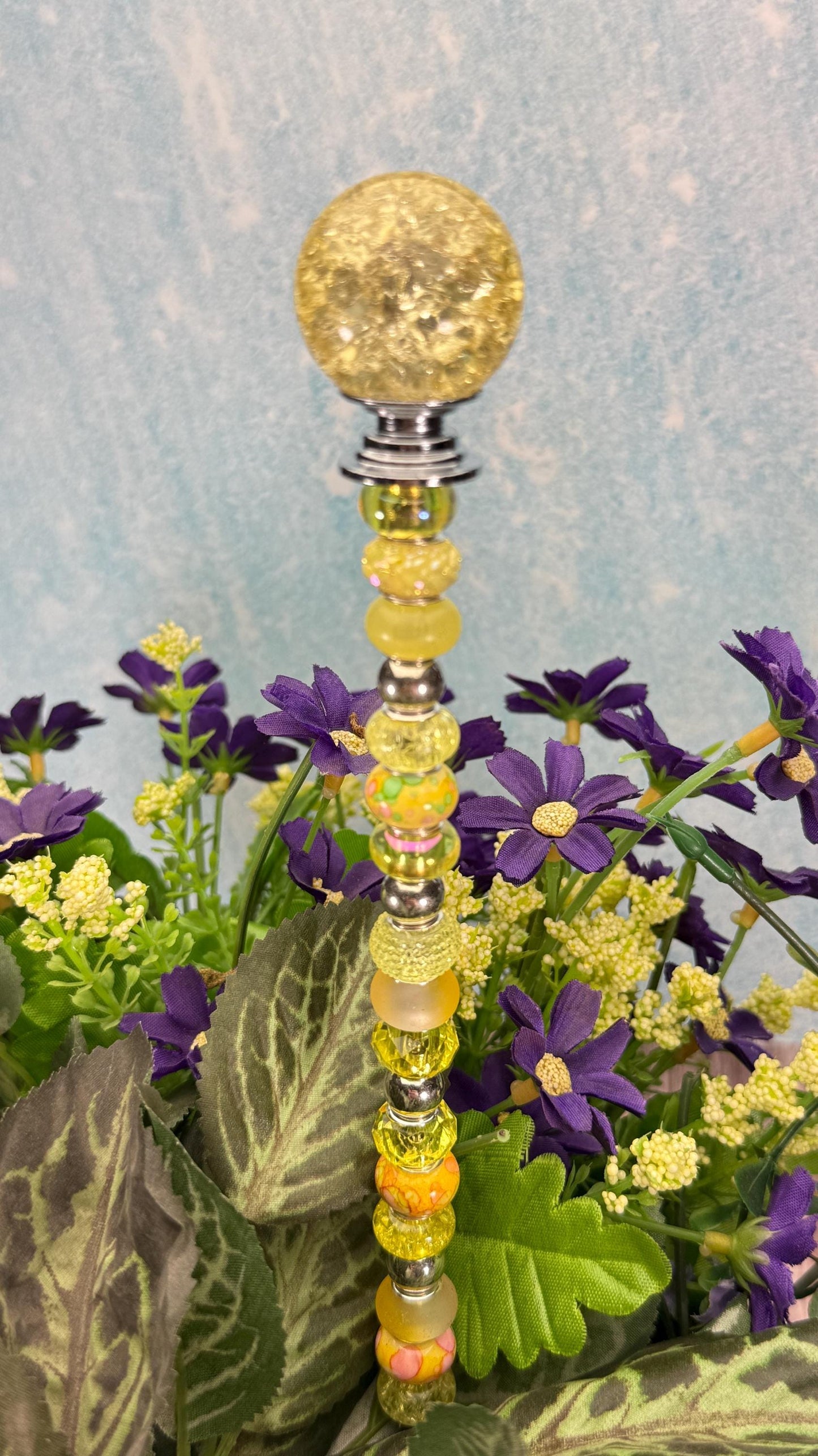 Fairy Garden Suncatcher Stakes – 15” Beaded Plant Decor with Crackle Glass Ball Topper