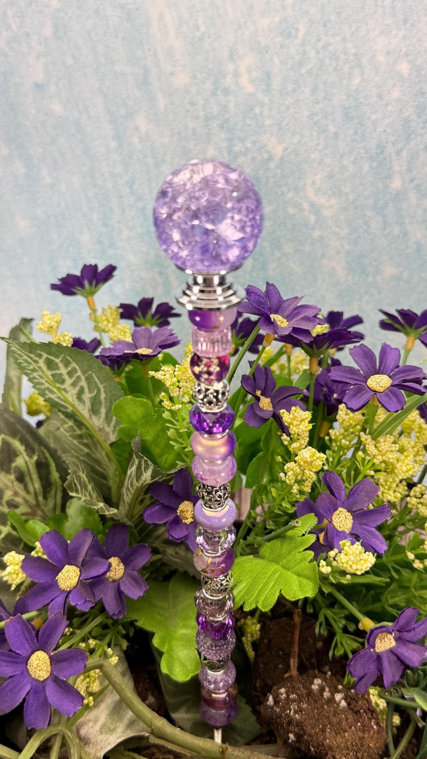 Fairy Garden Suncatcher Stakes – 15” Beaded Plant Decor with Crackle Glass Ball Topper