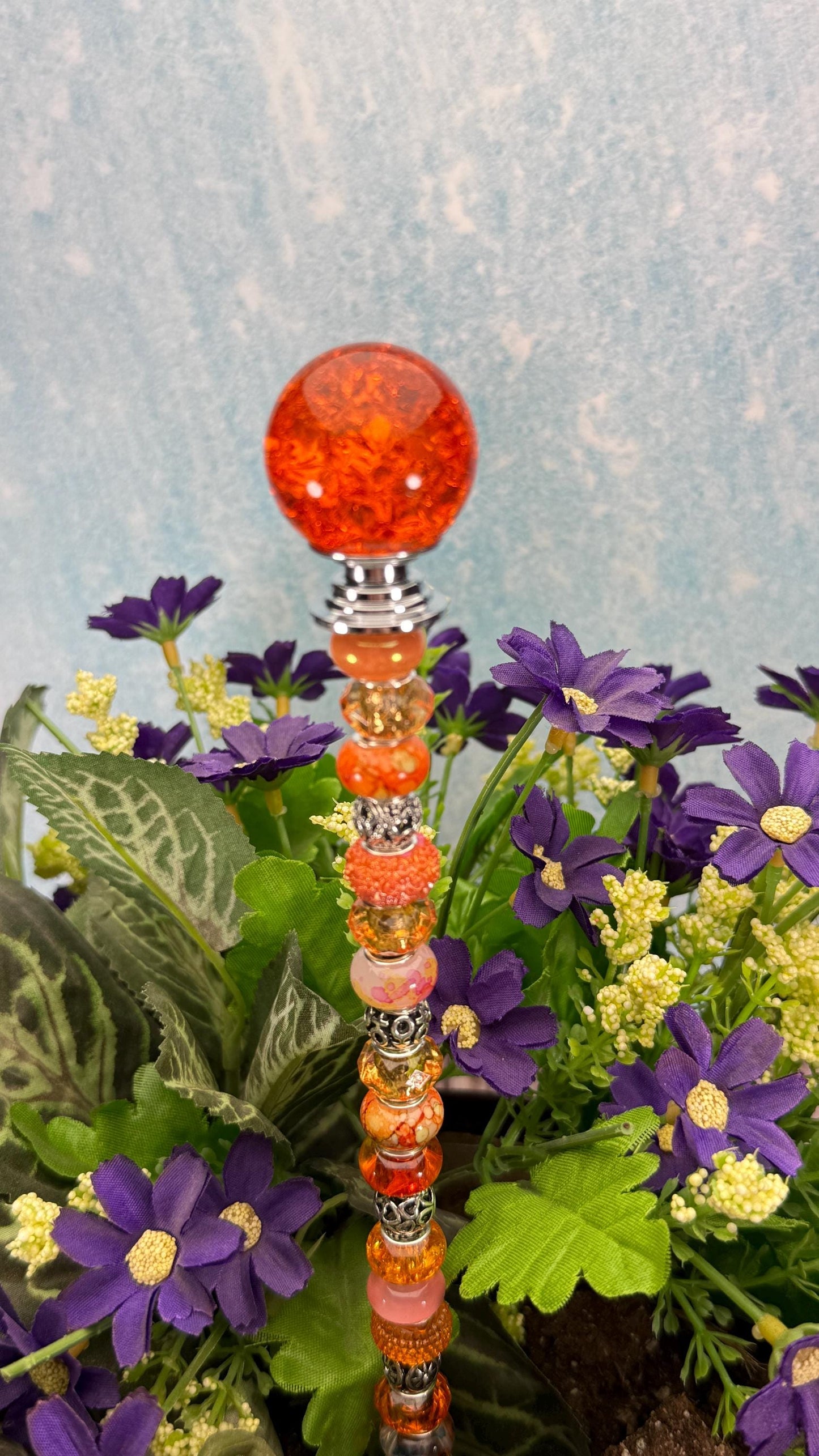 Fairy Garden Suncatcher Stakes – 15” Beaded Plant Decor with Crackle Glass Ball Topper