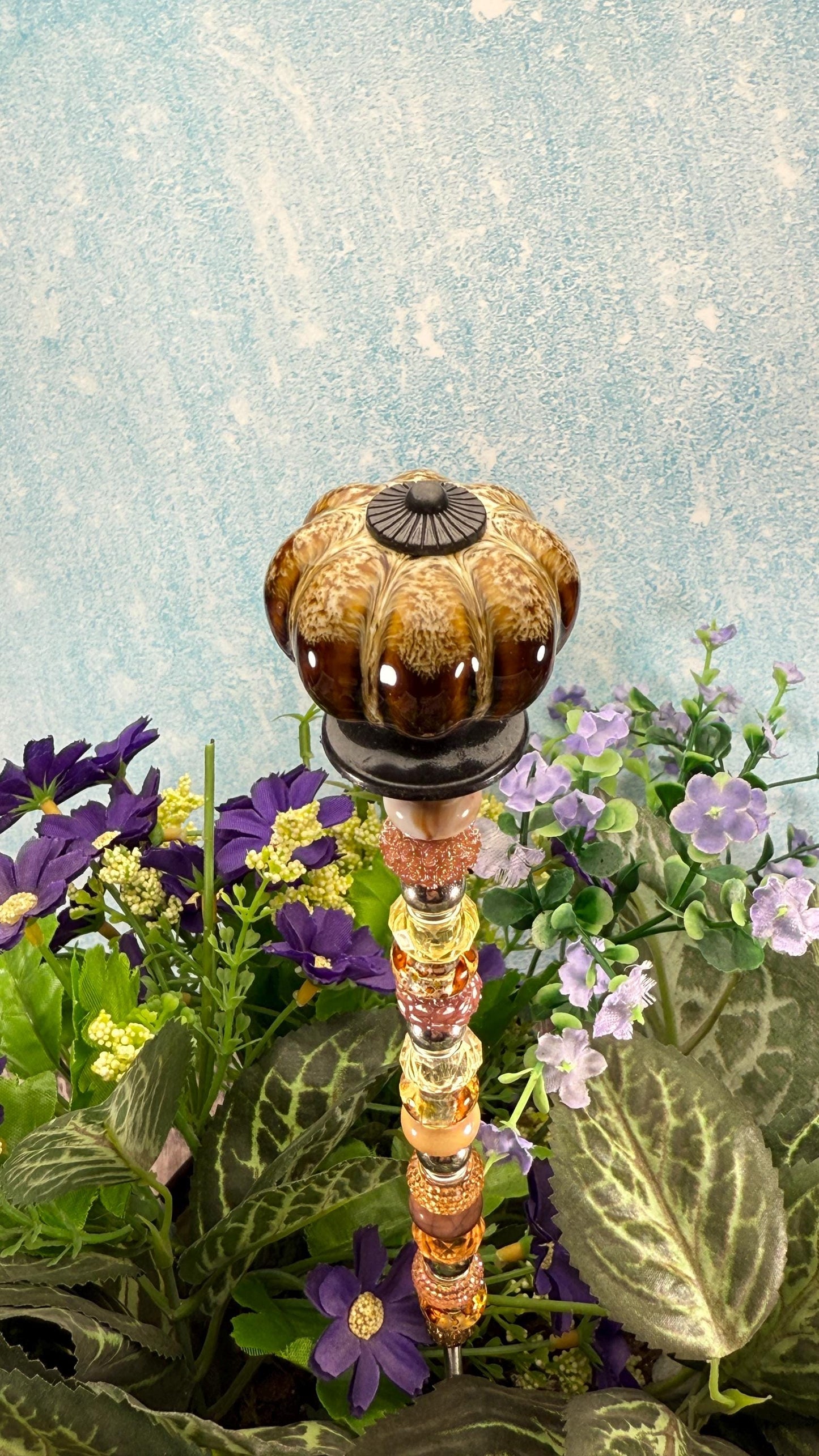 Fairy Garden Suncatcher Stakes – 15” Beaded Plant Decor with Rustic Ceramic Topper