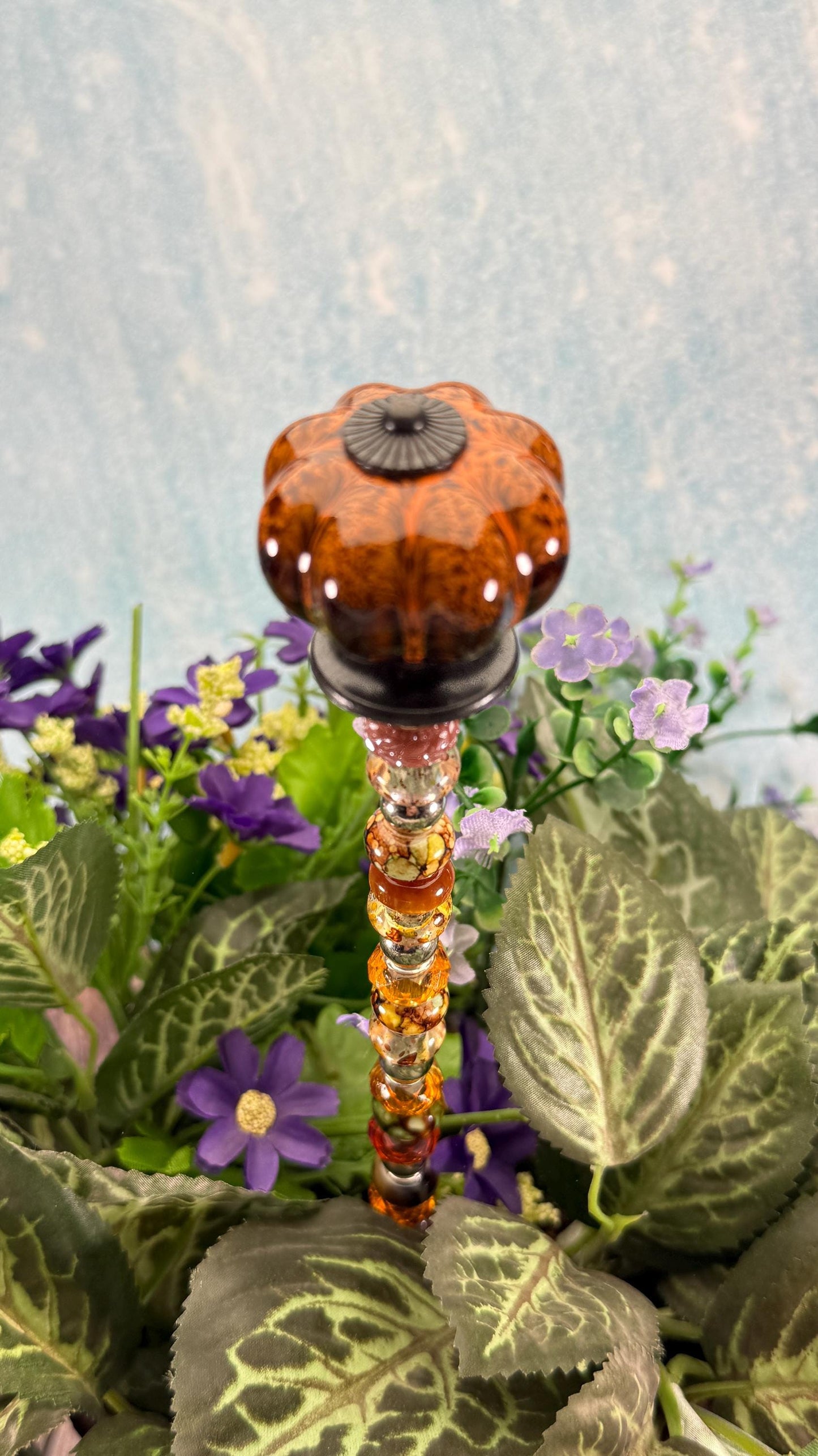 Fairy Garden Suncatcher Stakes – 15” Beaded Plant Decor with Rustic Ceramic Topper