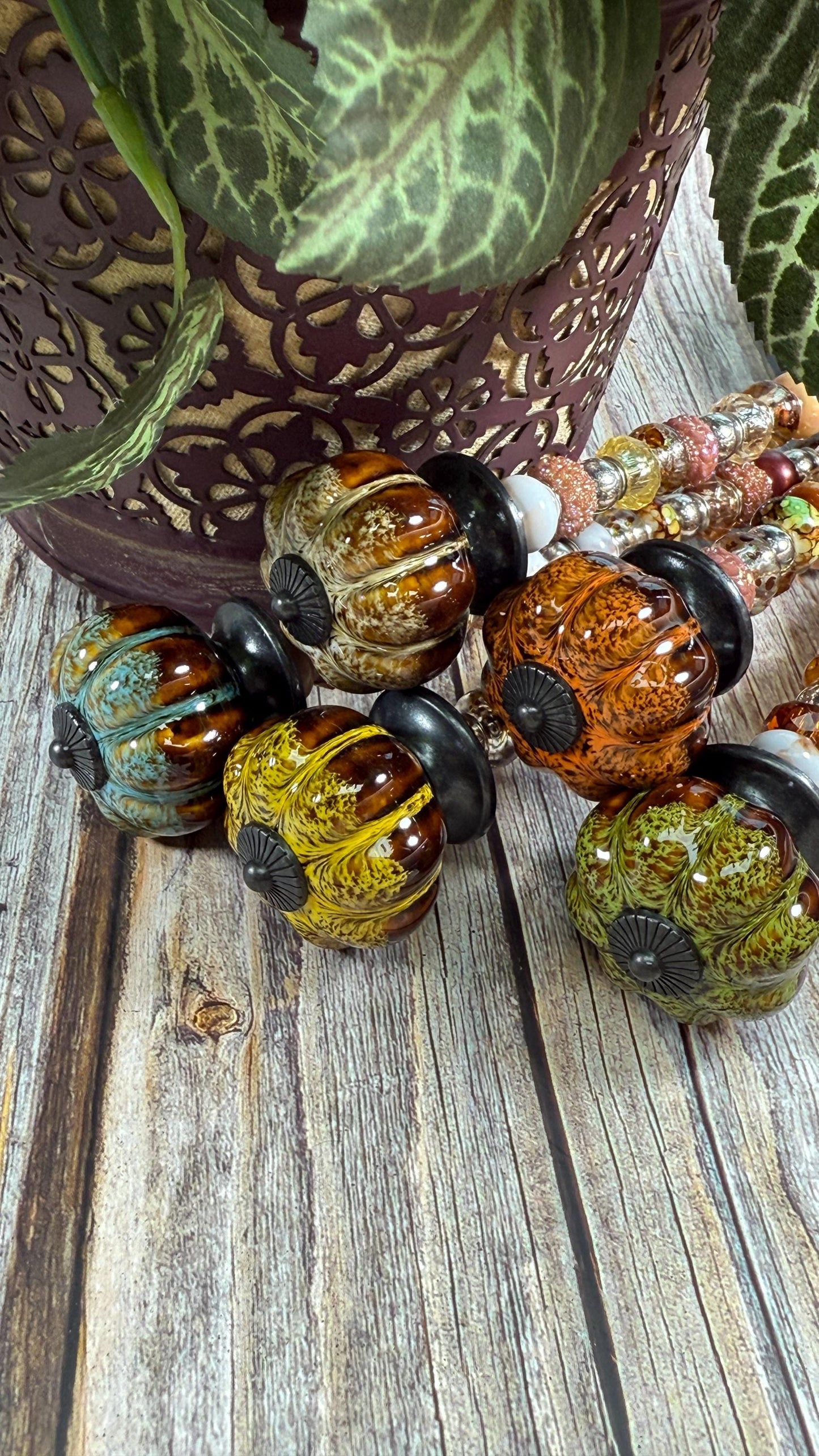 Fairy Garden Suncatcher Stakes – 15” Beaded Plant Decor with Rustic Ceramic Topper