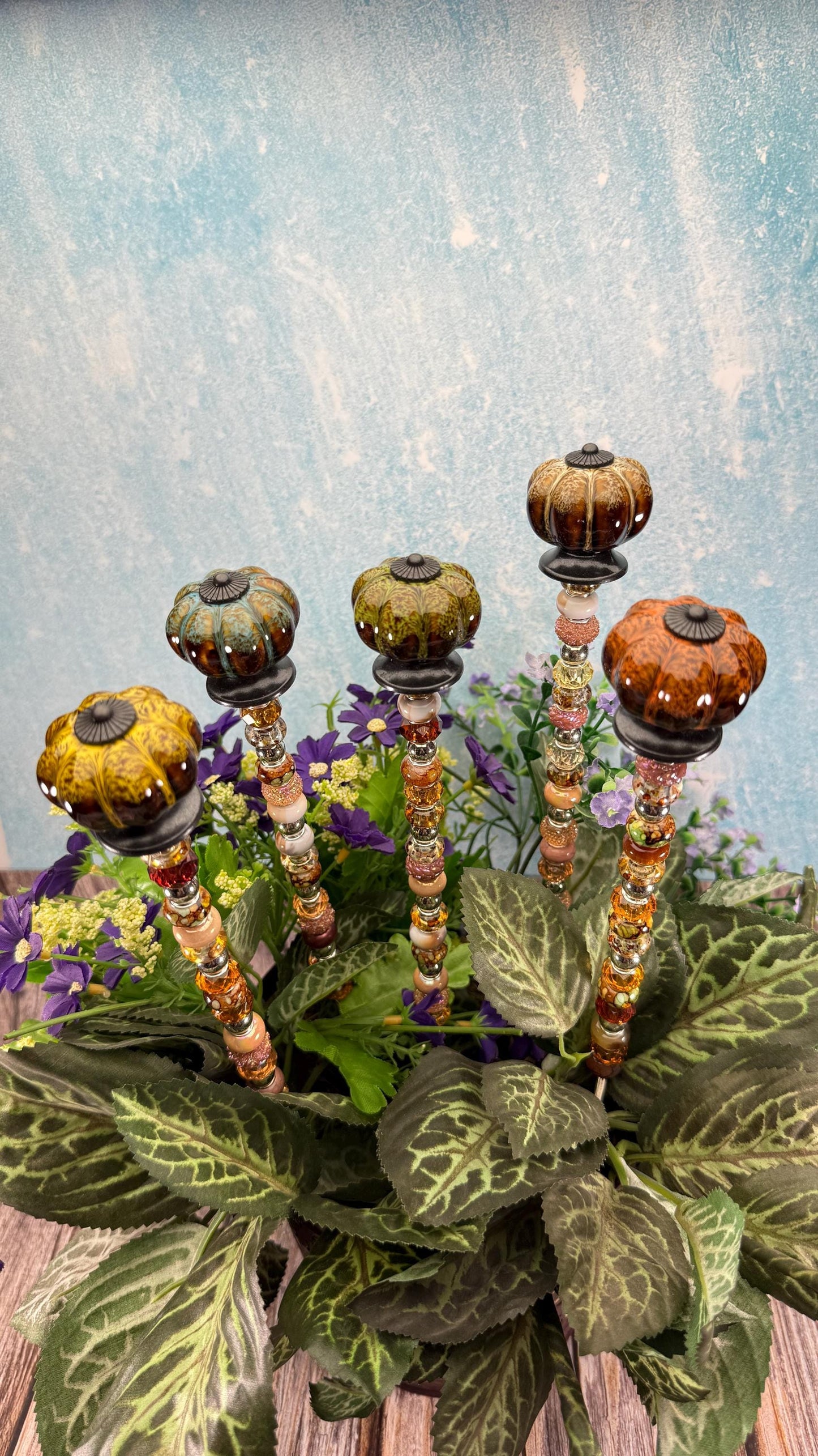 Fairy Garden Suncatcher Stakes – 15” Beaded Plant Decor with Rustic Ceramic Topper