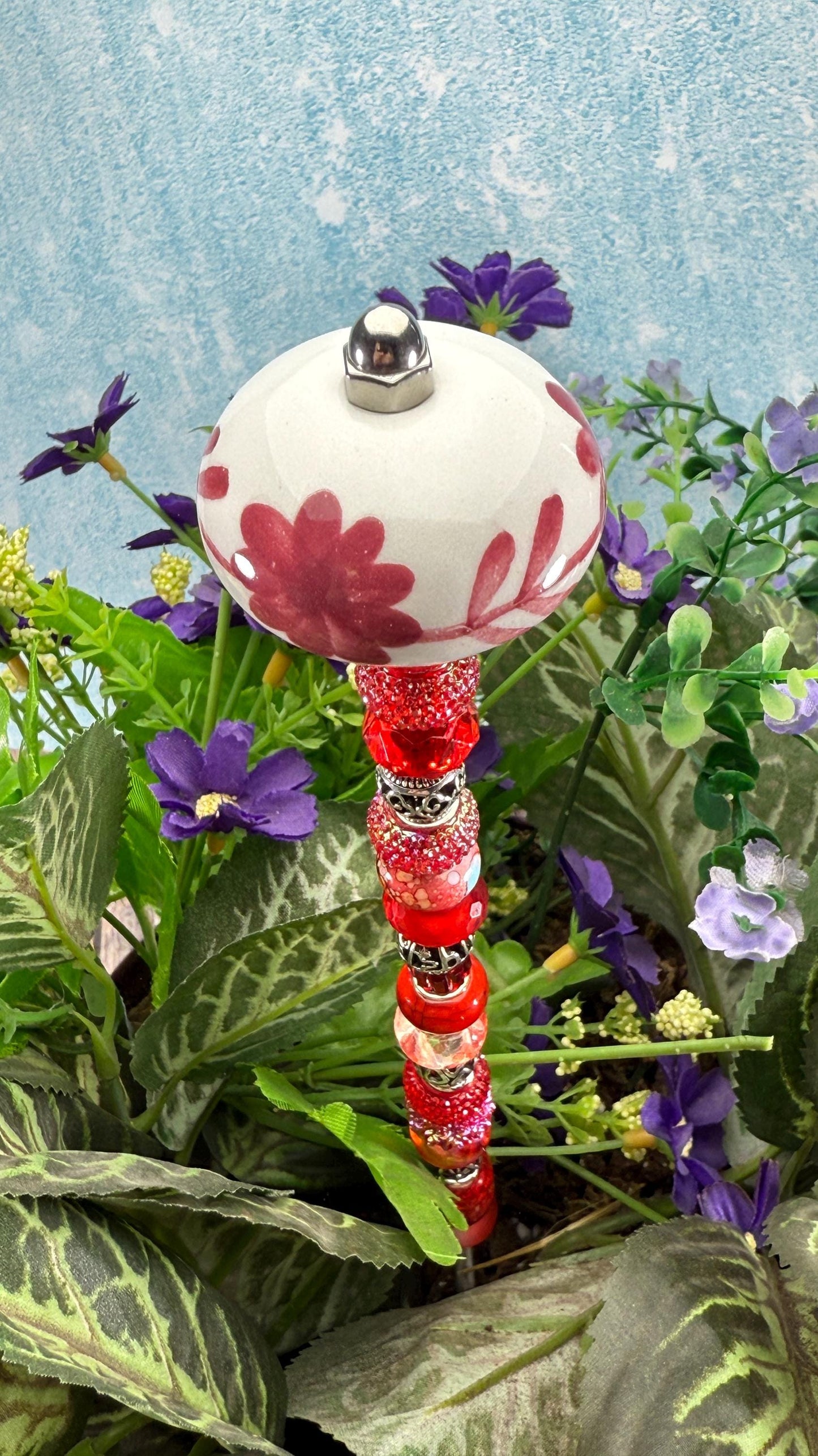 Fairy Garden Suncatcher Stakes – 15” Beaded Plant Decor with Red Ceramic Topper