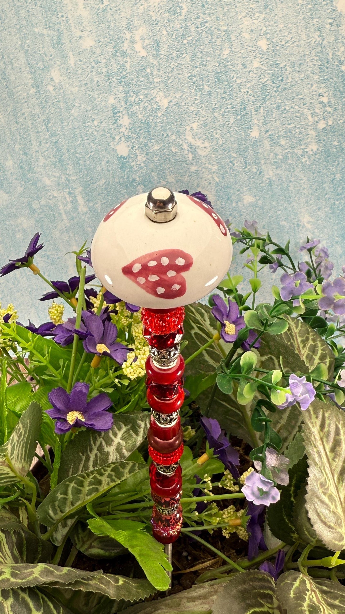 Fairy Garden Suncatcher Stakes – 15” Beaded Plant Decor with Red Ceramic Topper