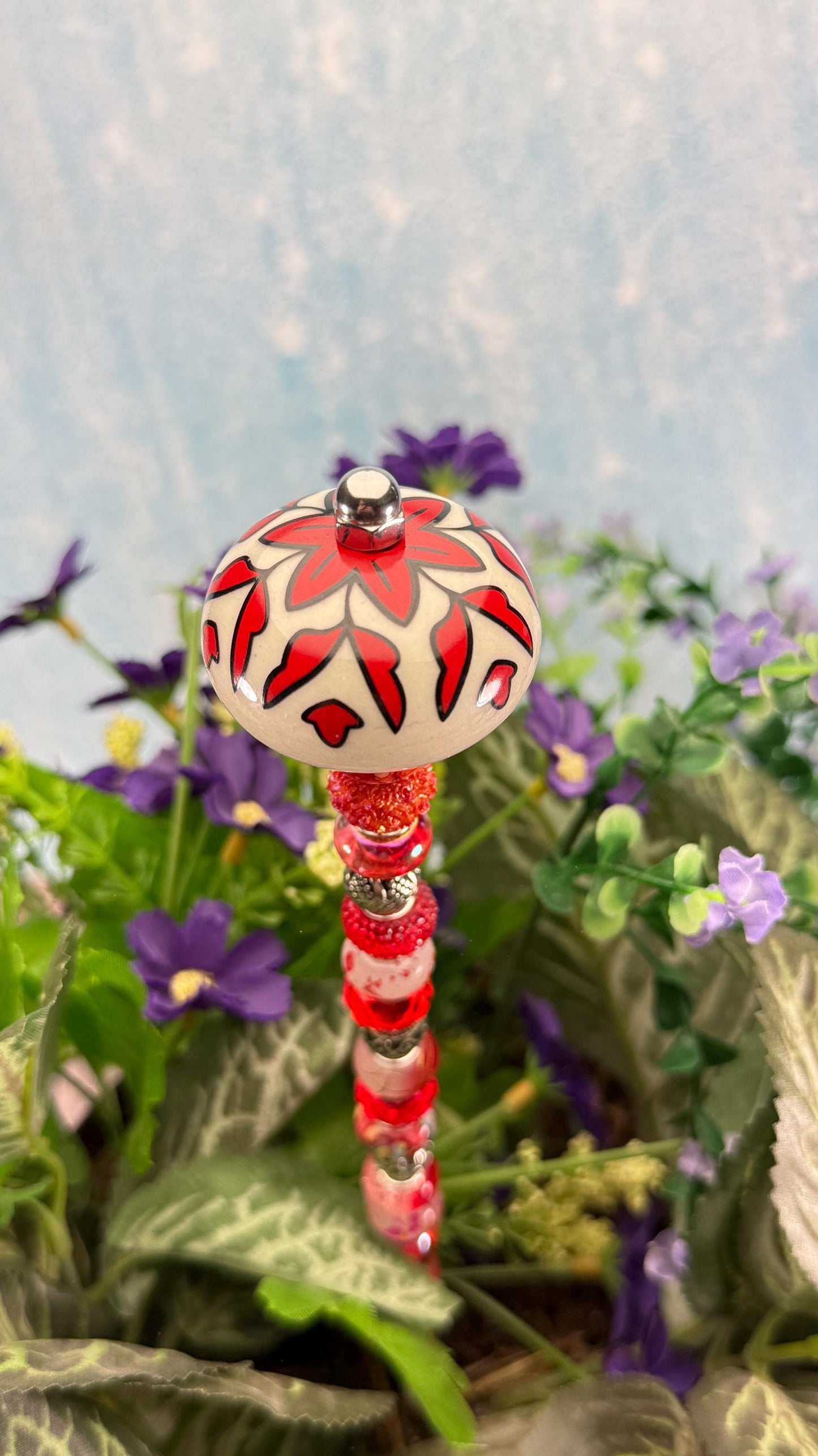 Fairy Garden Suncatcher Stakes – 15” Beaded Plant Decor with Red Ceramic Topper