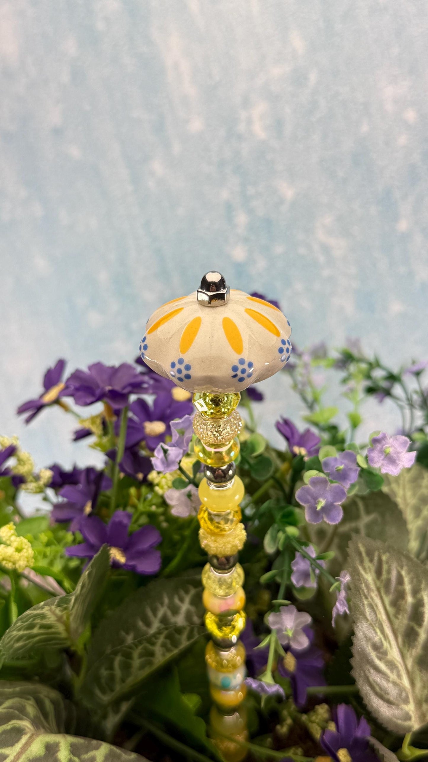 Fairy Garden Suncatcher Stakes – 15” Beaded Plant Decor with Whimsical Fluted Ceramic Topper