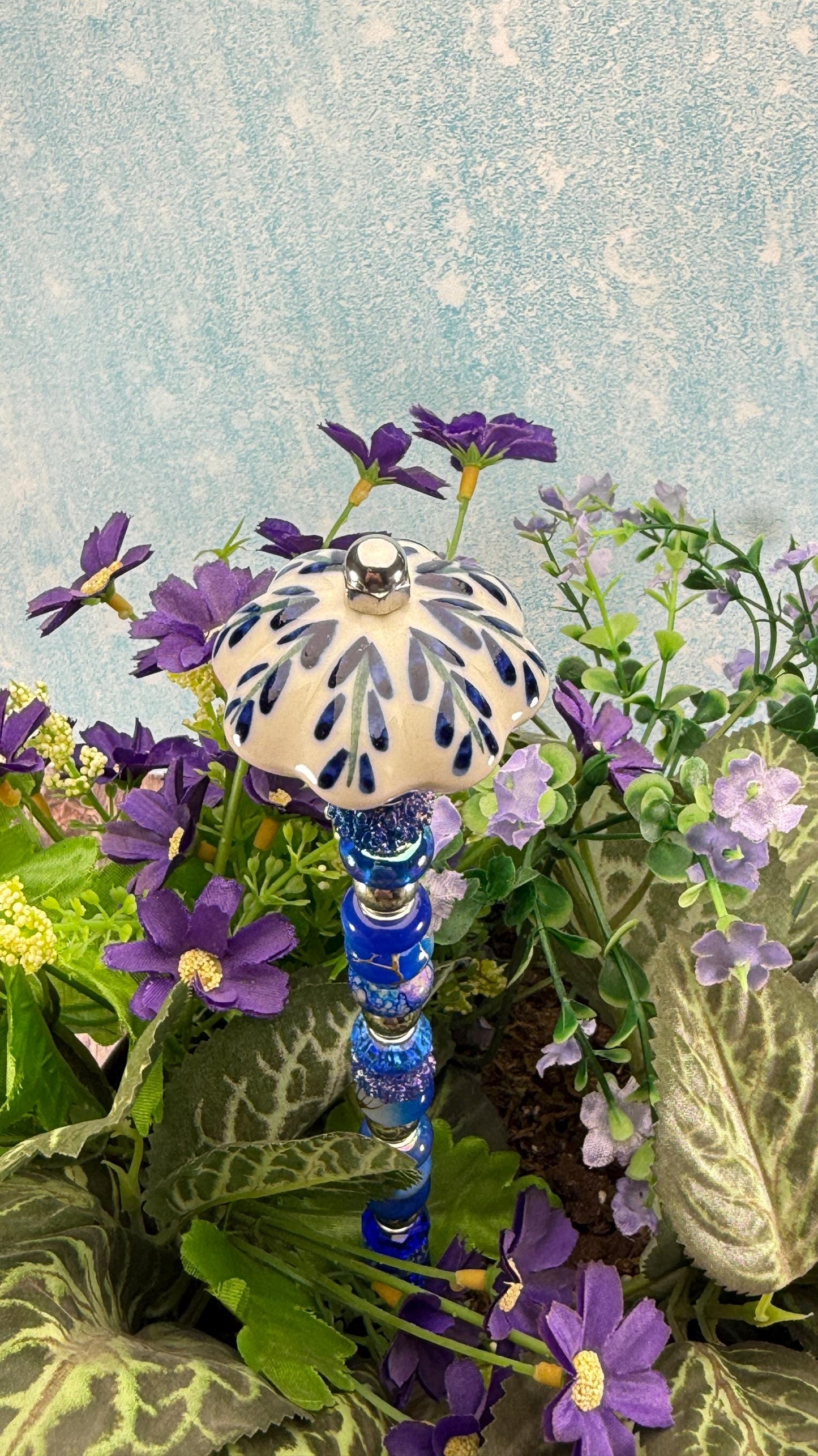 Fairy Garden Suncatcher Stakes – 15” Beaded Plant Decor with Whimsical Fluted Ceramic Topper