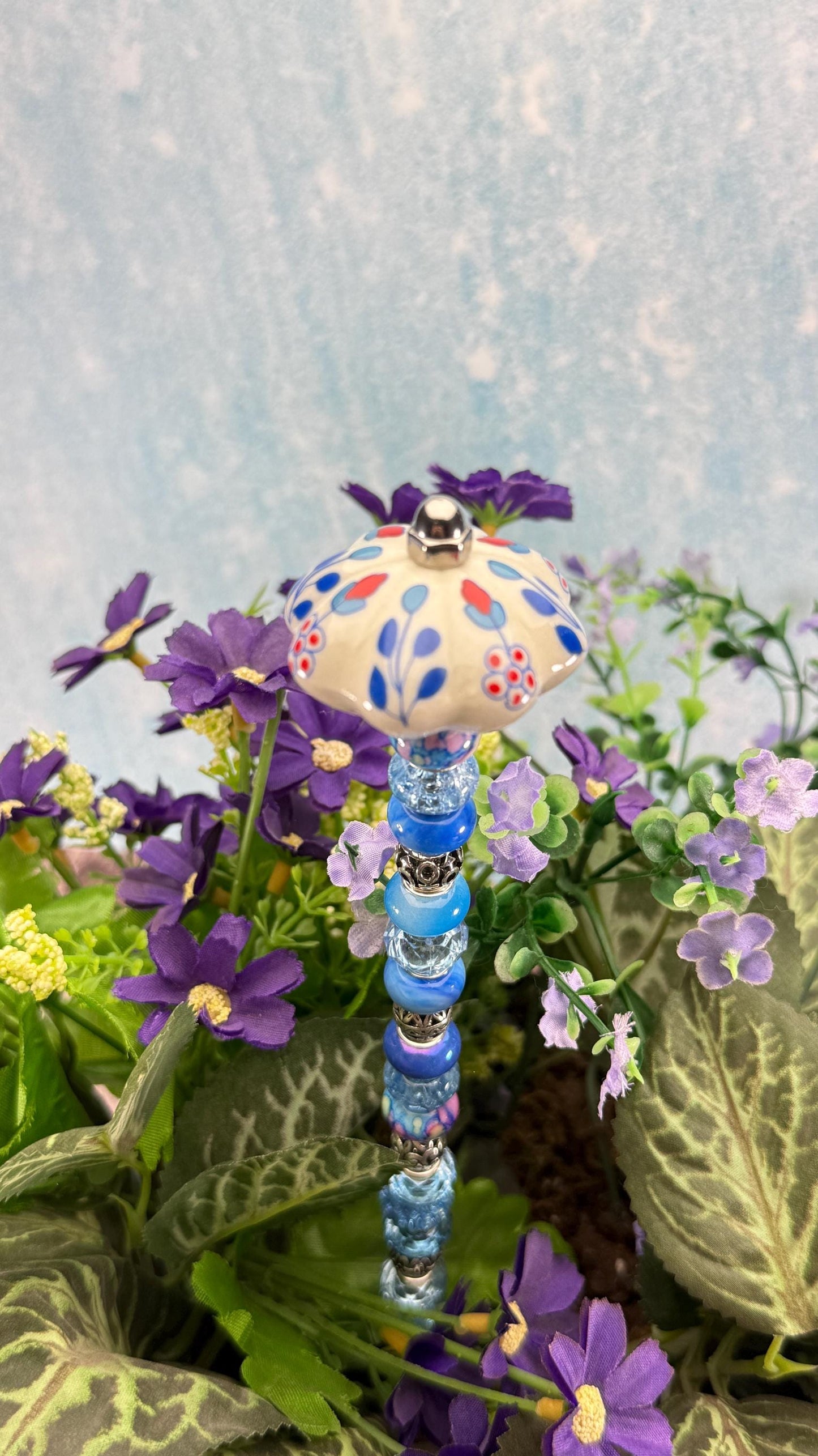 Fairy Garden Suncatcher Stakes – 15” Beaded Plant Decor with Whimsical Fluted Ceramic Topper