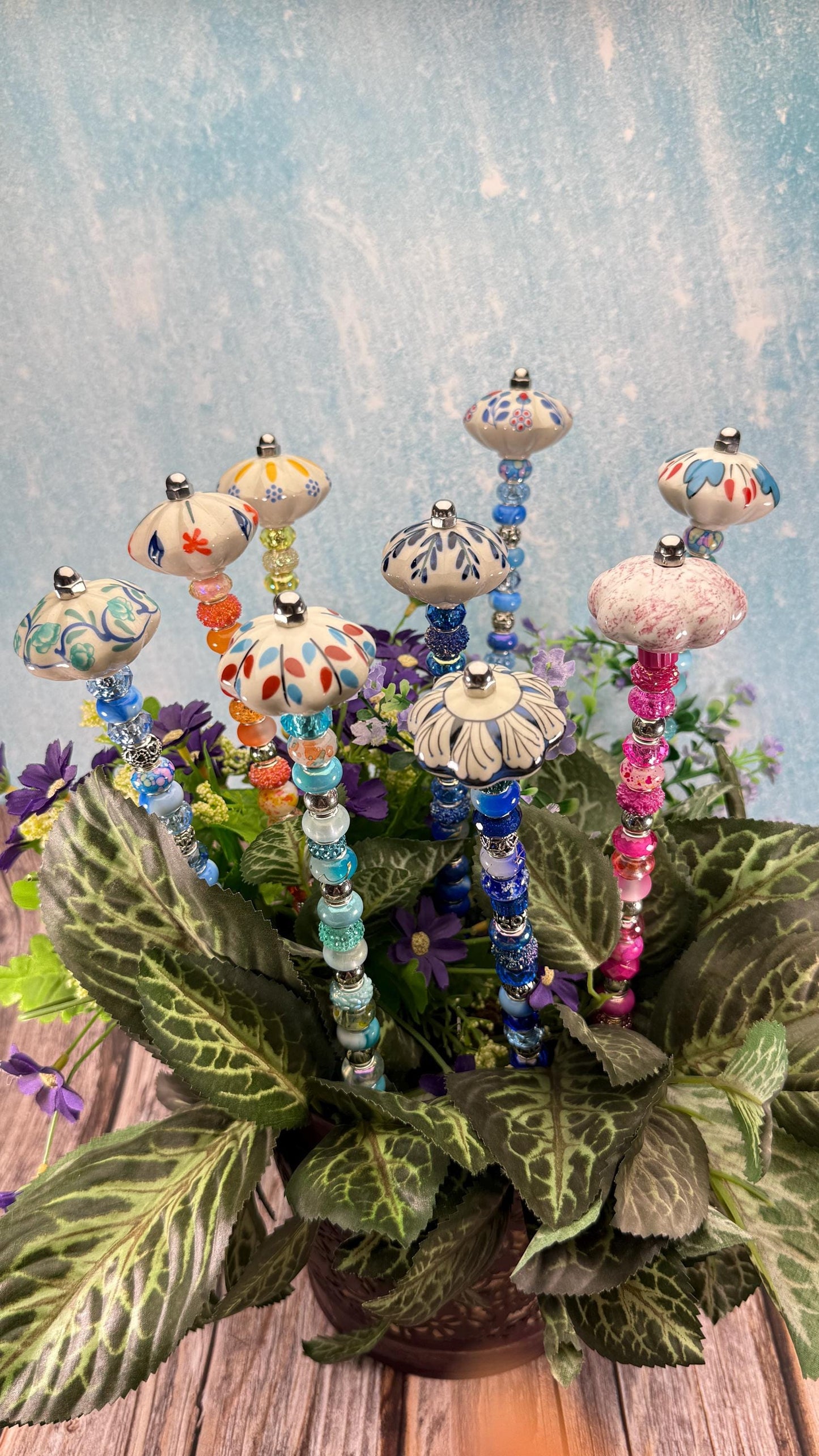 Fairy Garden Suncatcher Stakes – 15” Beaded Plant Decor with Whimsical Fluted Ceramic Topper
