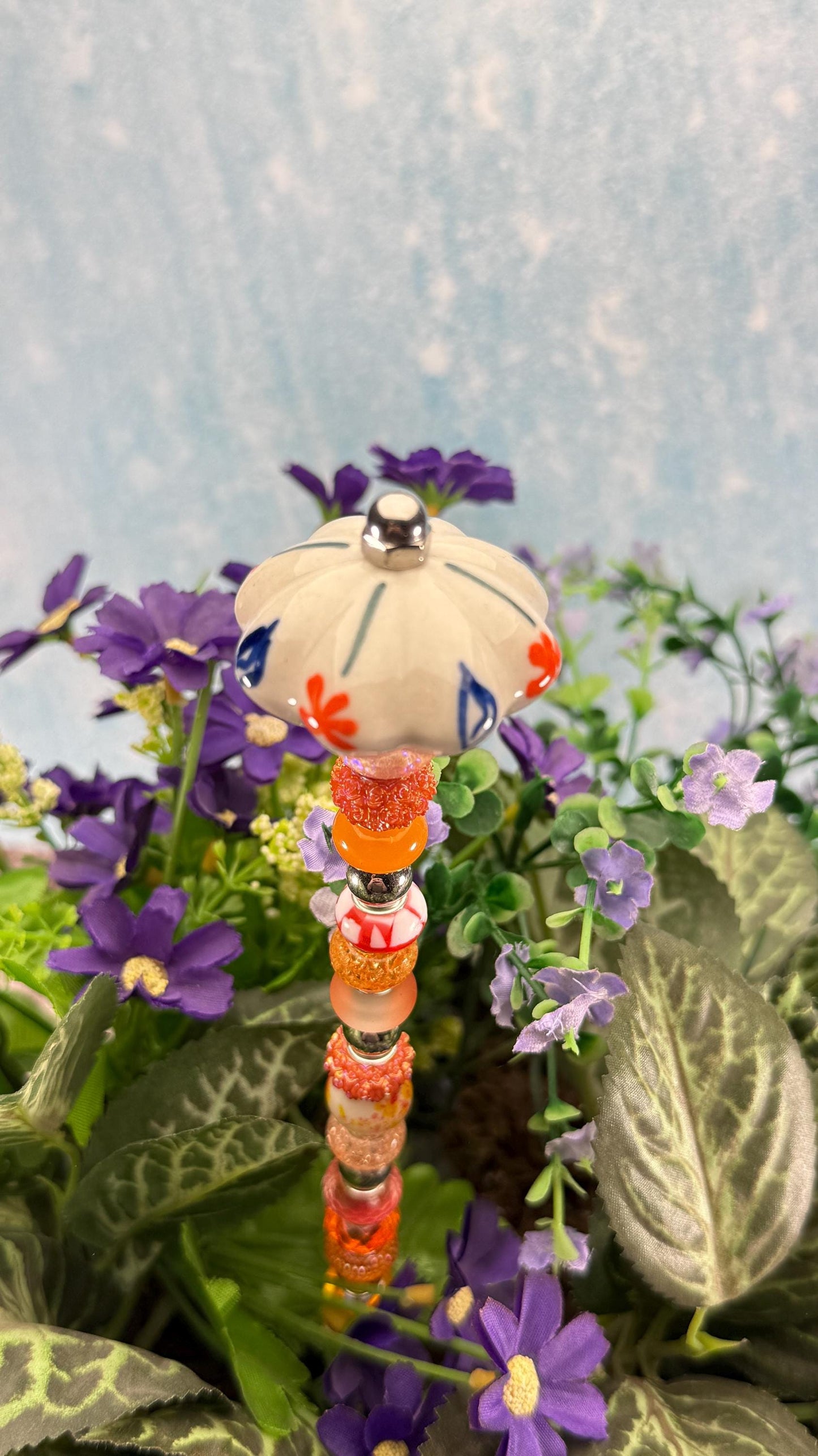 Fairy Garden Suncatcher Stakes – 15” Beaded Plant Decor with Whimsical Fluted Ceramic Topper