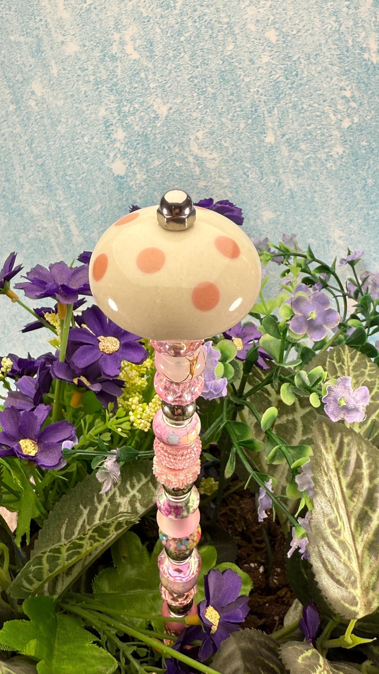 Fairy Garden Suncatcher Stakes – 15” Beaded Plant Decor with Whimsical polka dot Ceramic Topper