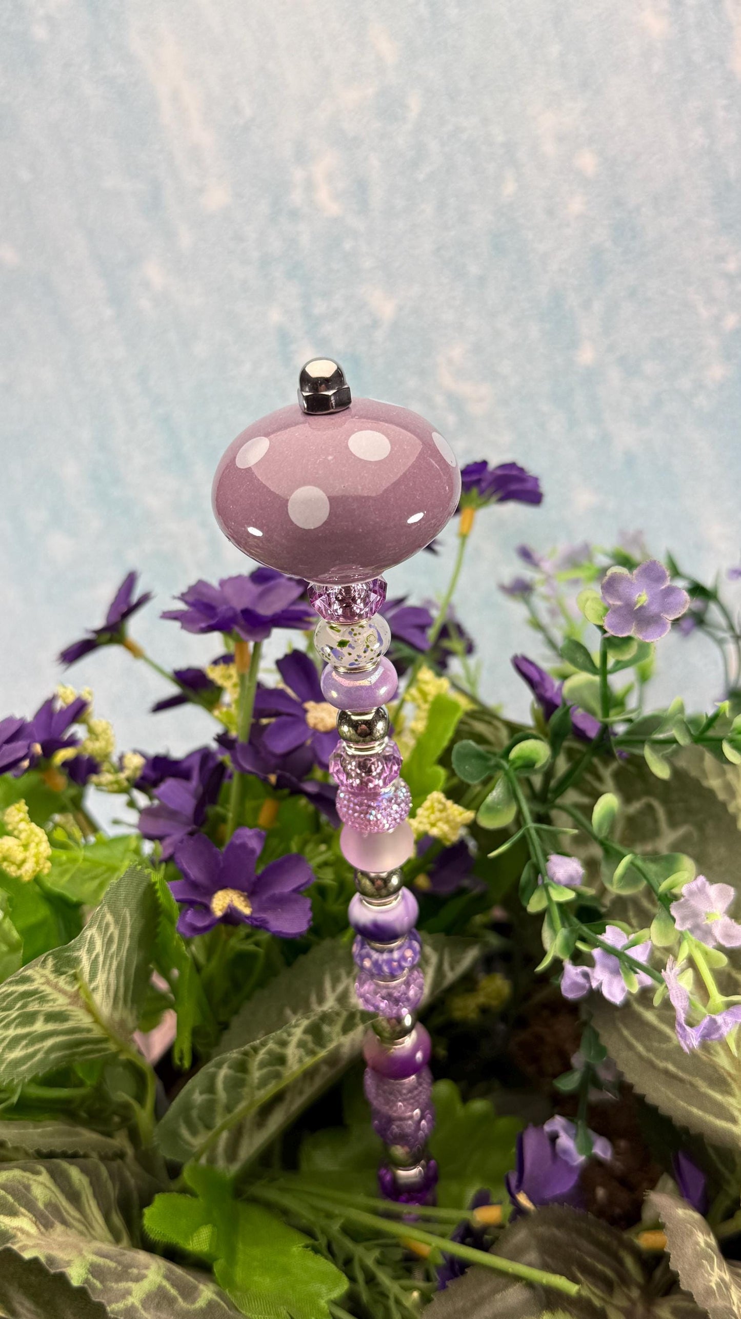 Fairy Garden Suncatcher Stakes – 15” Beaded Plant Decor with Whimsical polka dot Ceramic Topper