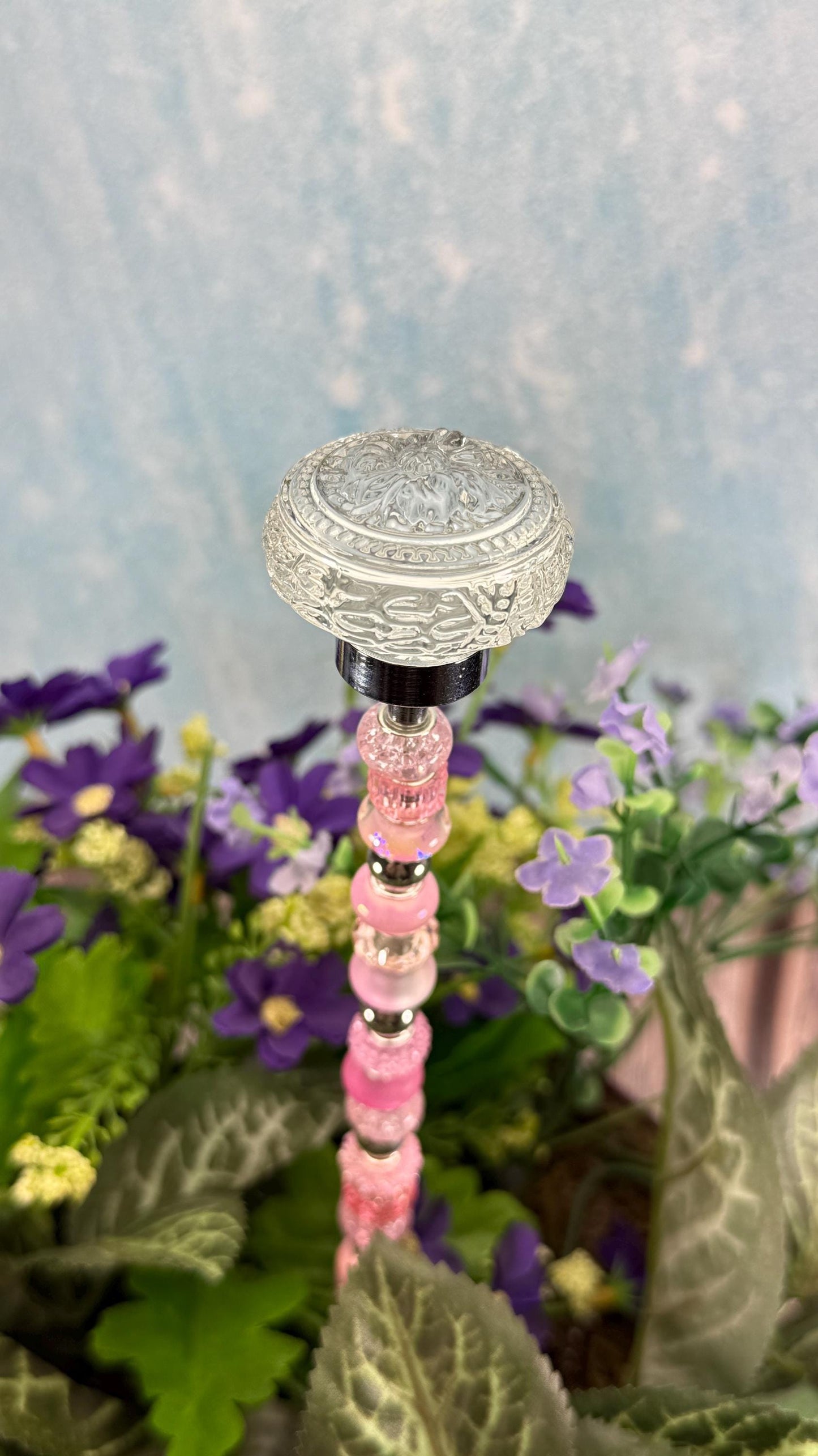 Fairy Garden Suncatcher Stakes – 15” Beaded Plant Decor with Clear Glass Saucer Topper