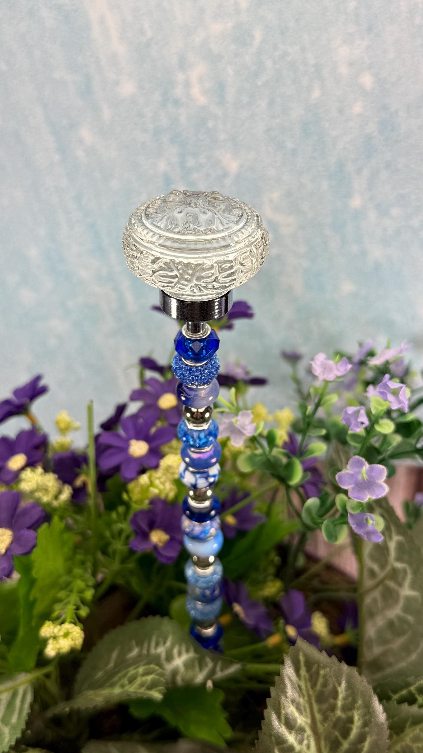 Fairy Garden Suncatcher Stakes – 15” Beaded Plant Decor with Clear Glass Saucer Topper