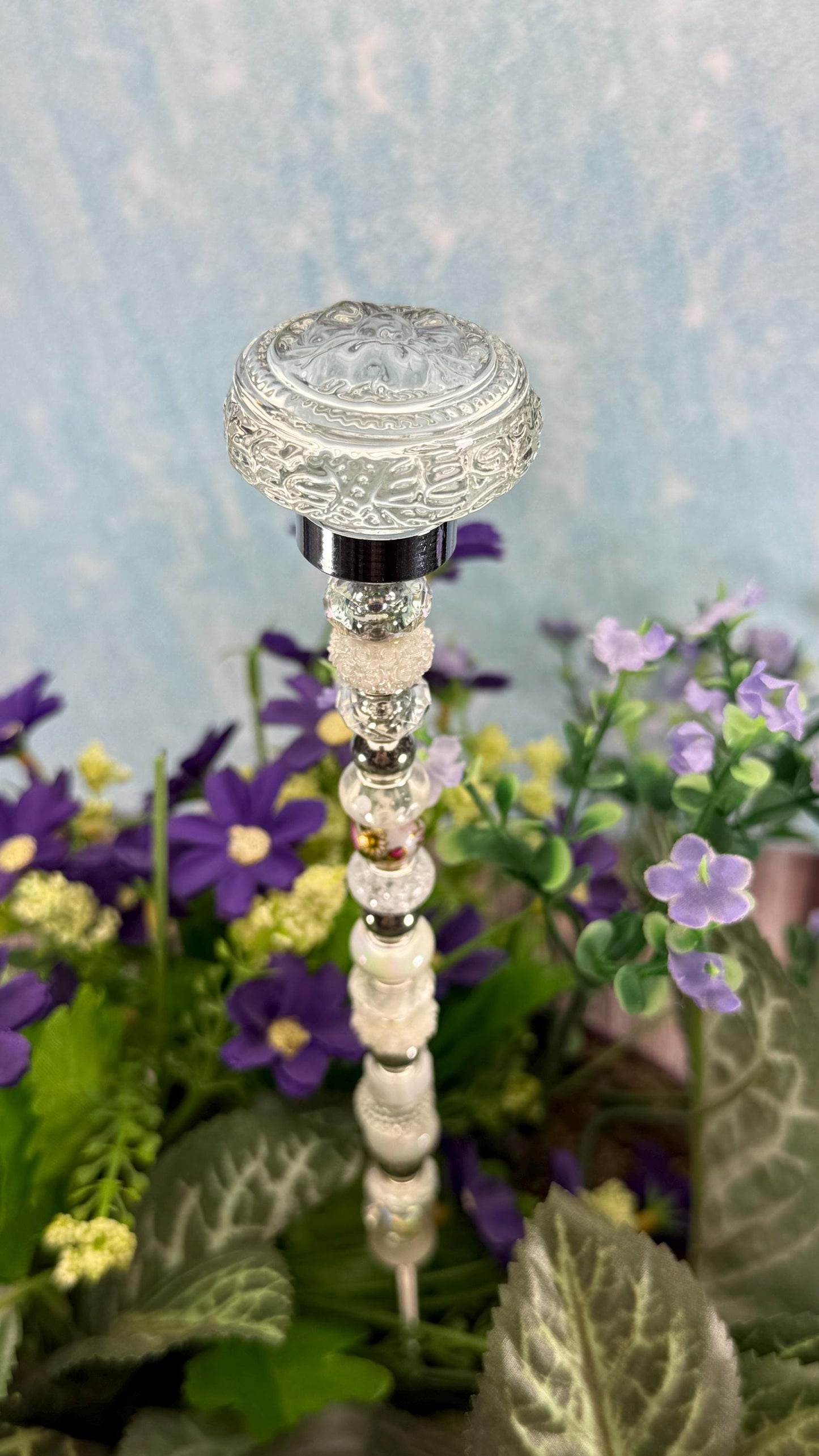Fairy Garden Suncatcher Stakes – 15” Beaded Plant Decor with Clear Glass Saucer Topper