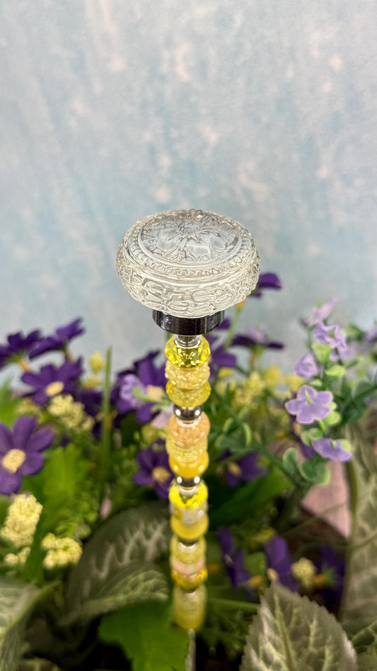 Fairy Garden Suncatcher Stakes – 15” Beaded Plant Decor with Clear Glass Saucer Topper