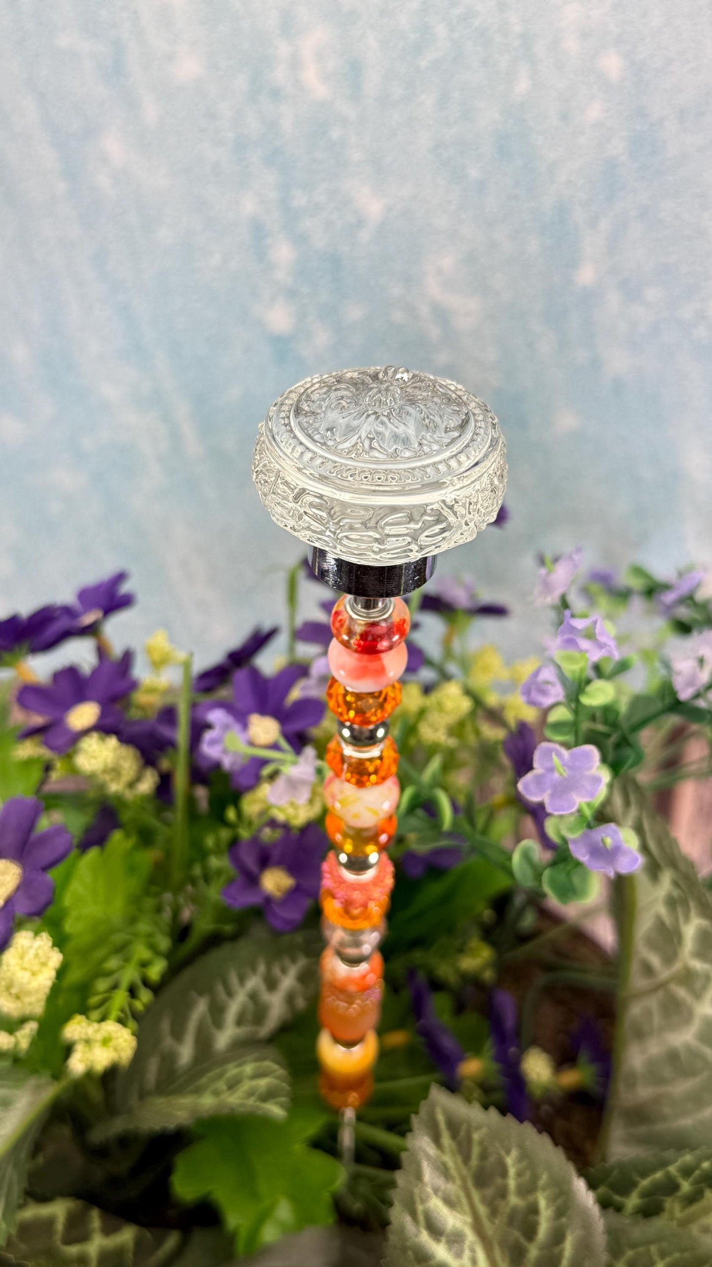 Fairy Garden Suncatcher Stakes – 15” Beaded Plant Decor with Clear Glass Saucer Topper