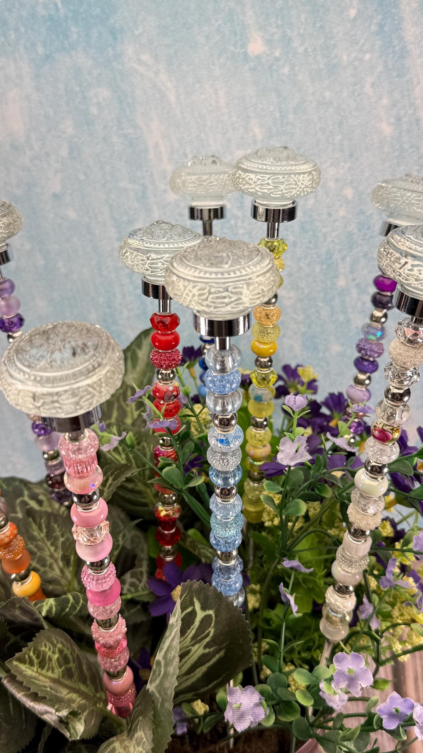 Fairy Garden Suncatcher Stakes – 15” Beaded Plant Decor with Clear Glass Saucer Topper