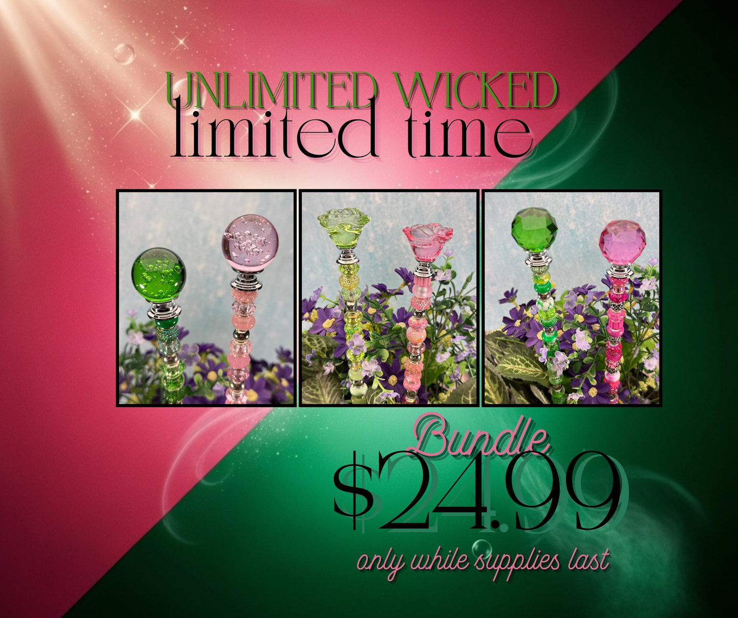 Wicked collection Fairy Garden Suncatcher Stakes – 15” Beaded Plant Decor with Glass Topper