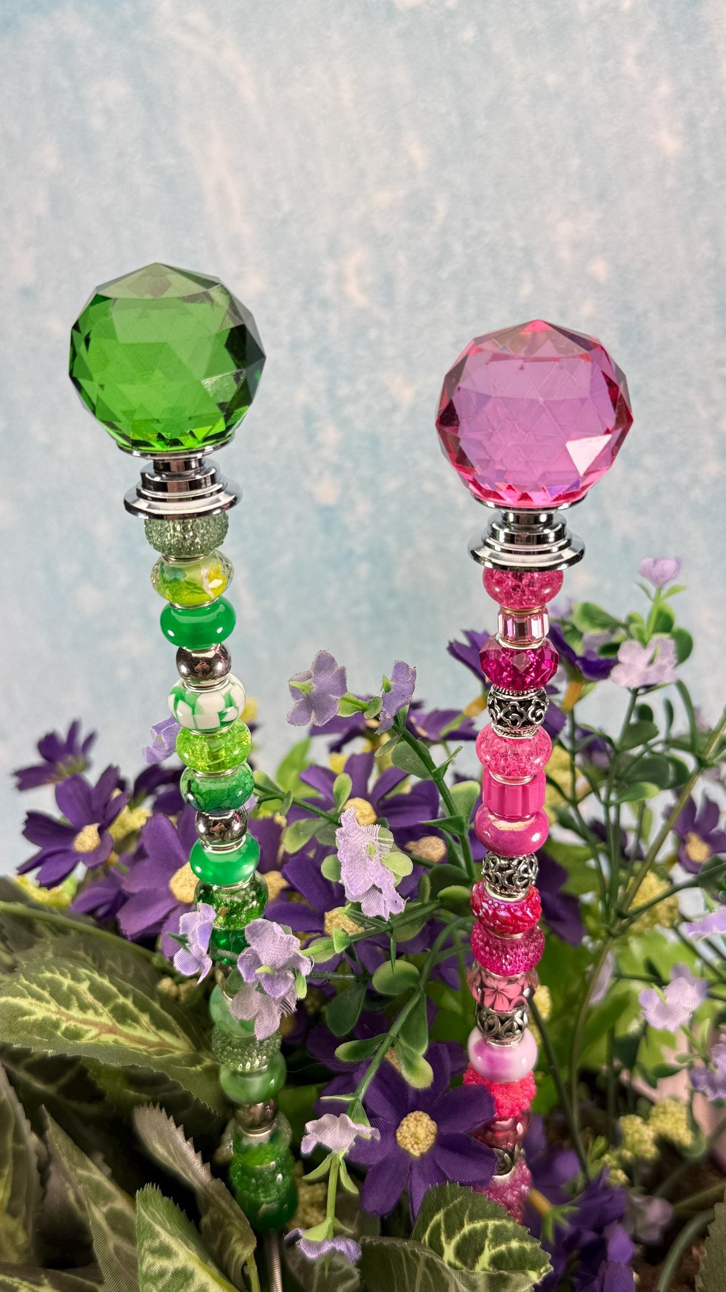 Wicked collection Fairy Garden Suncatcher Stakes – 15” Beaded Plant Decor with Glass Topper