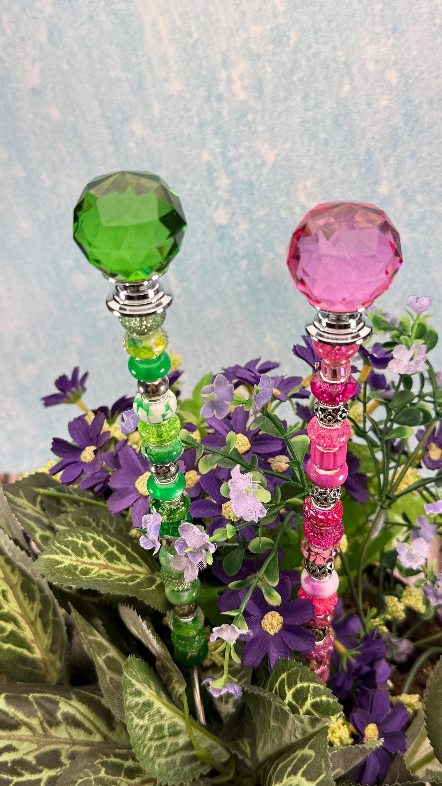 Wicked collection Fairy Garden Suncatcher Stakes – 15” Beaded Plant Decor with Glass Topper