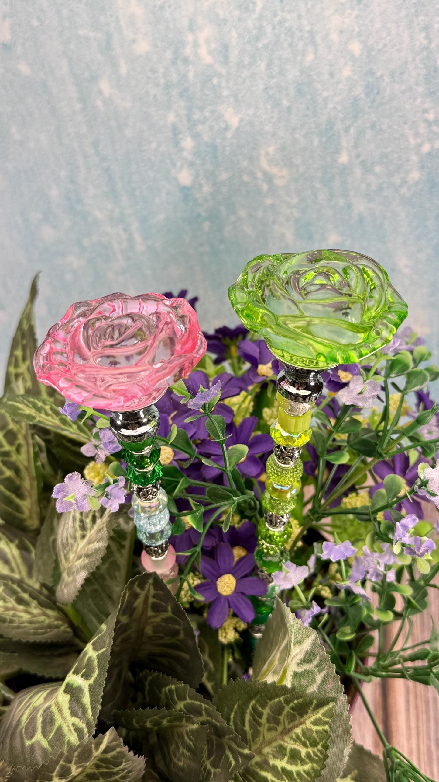 Wicked collection Fairy Garden Suncatcher Stakes – 15” Beaded Plant Decor with Glass Topper