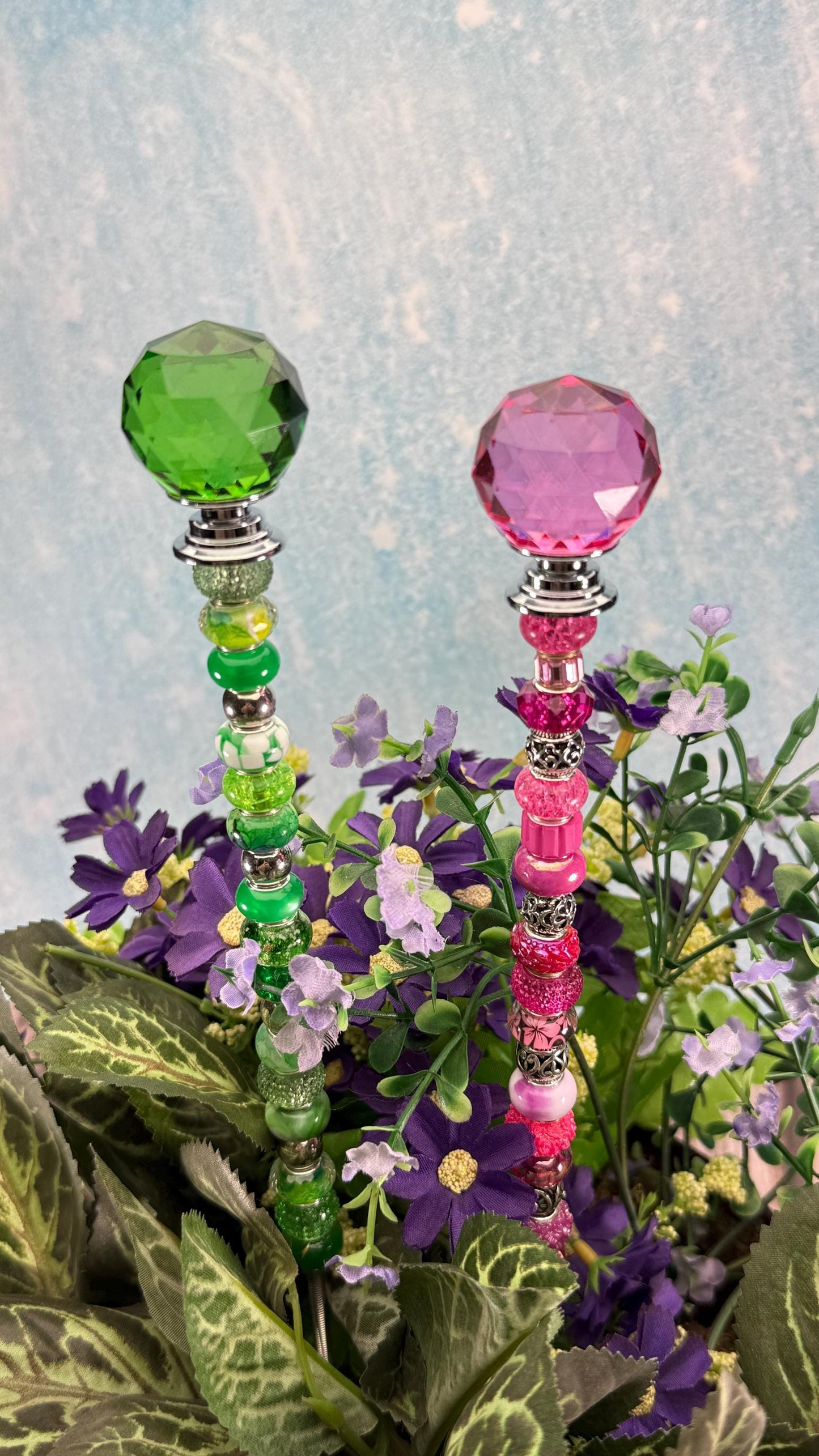 Wicked collection Fairy Garden Suncatcher Stakes – 15” Beaded Plant Decor with Glass Topper