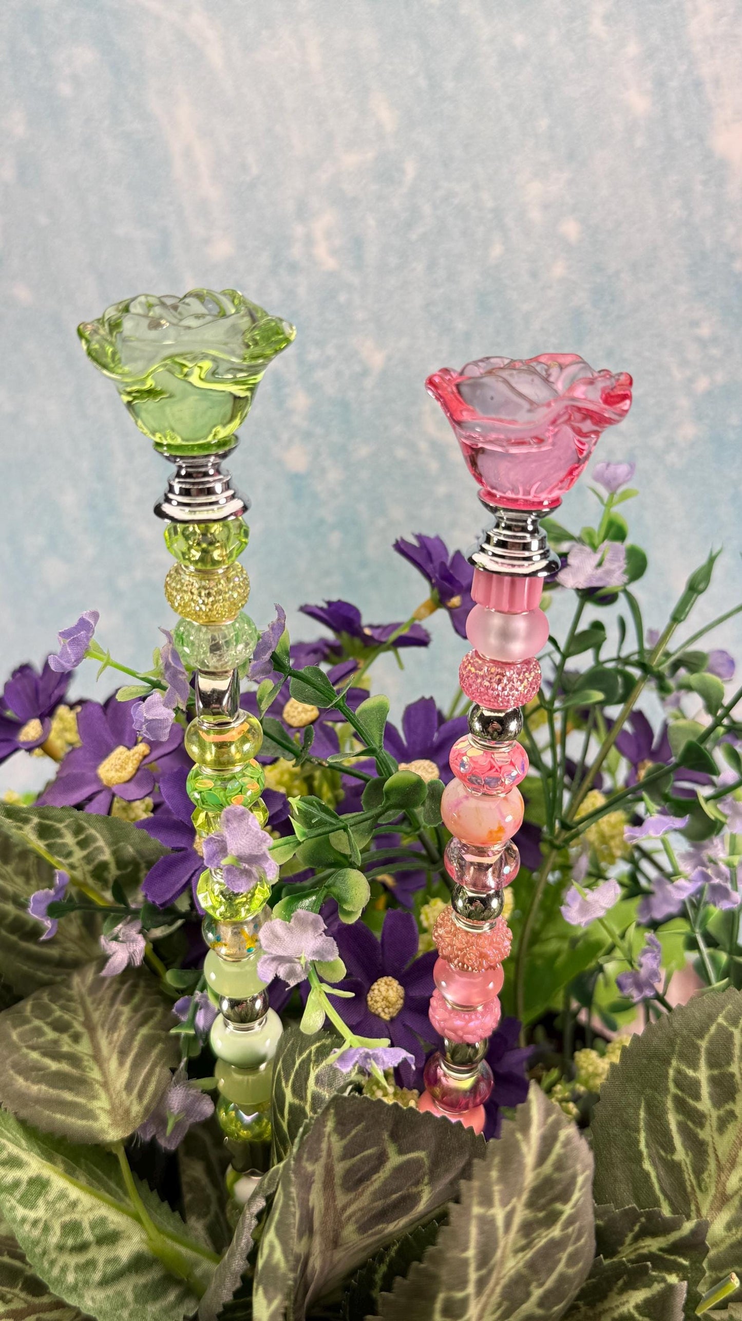 Wicked collection Fairy Garden Suncatcher Stakes – 15” Beaded Plant Decor with Glass Topper