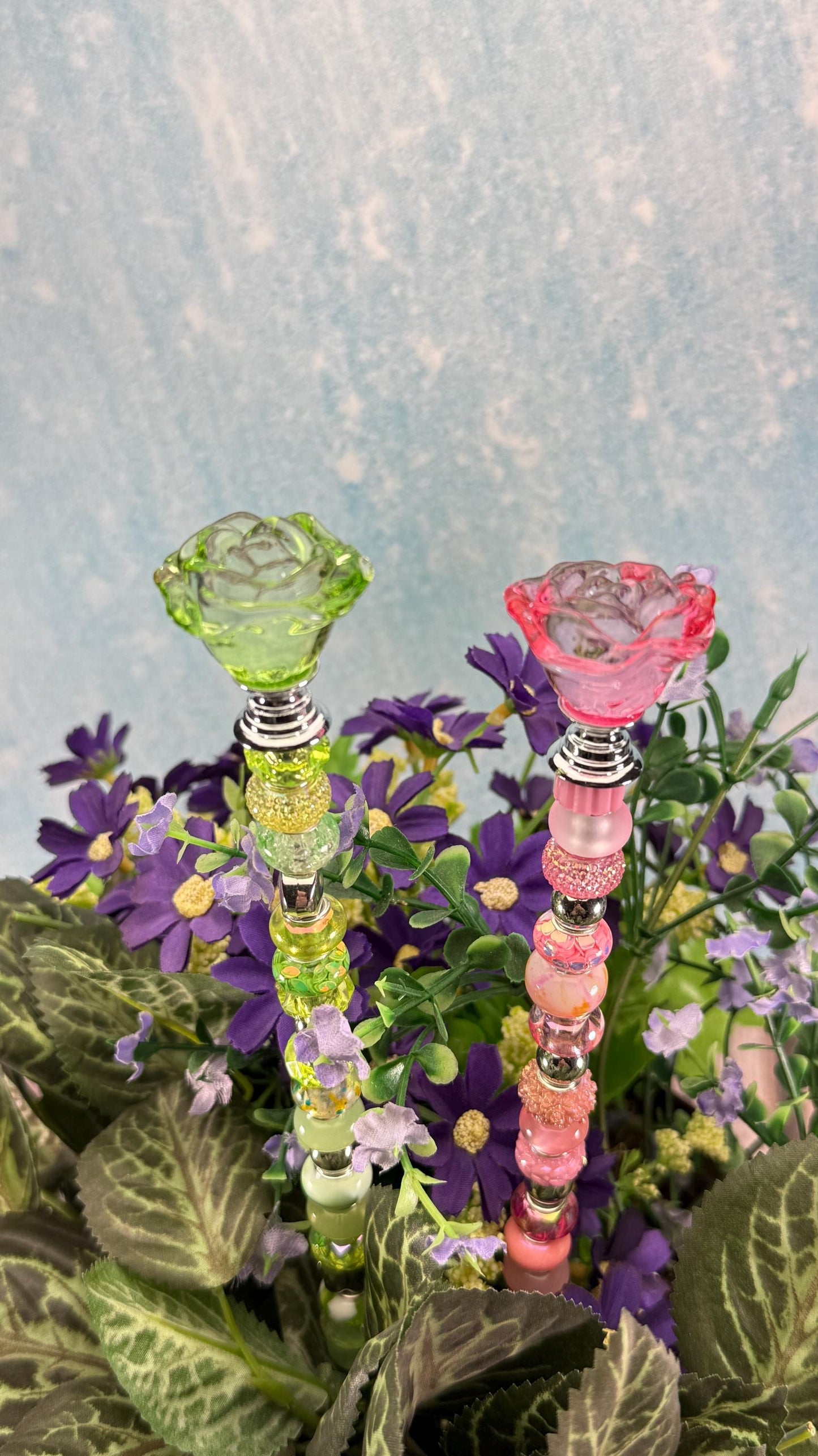 Wicked collection Fairy Garden Suncatcher Stakes – 15” Beaded Plant Decor with Glass Topper